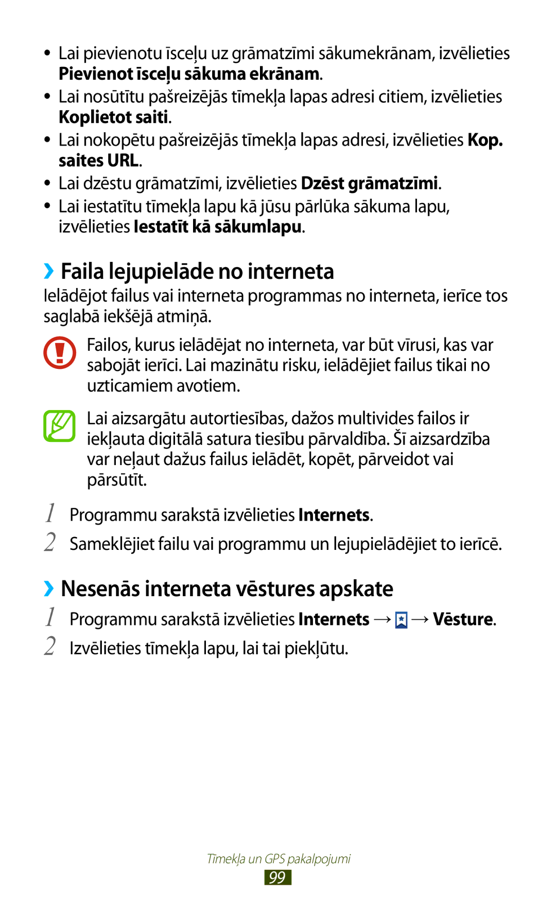 Samsung GT-S7562CWZSEB, GT-S7562UWASEB manual ››Faila lejupielāde no interneta, ››Nesenās interneta vēstures apskate 