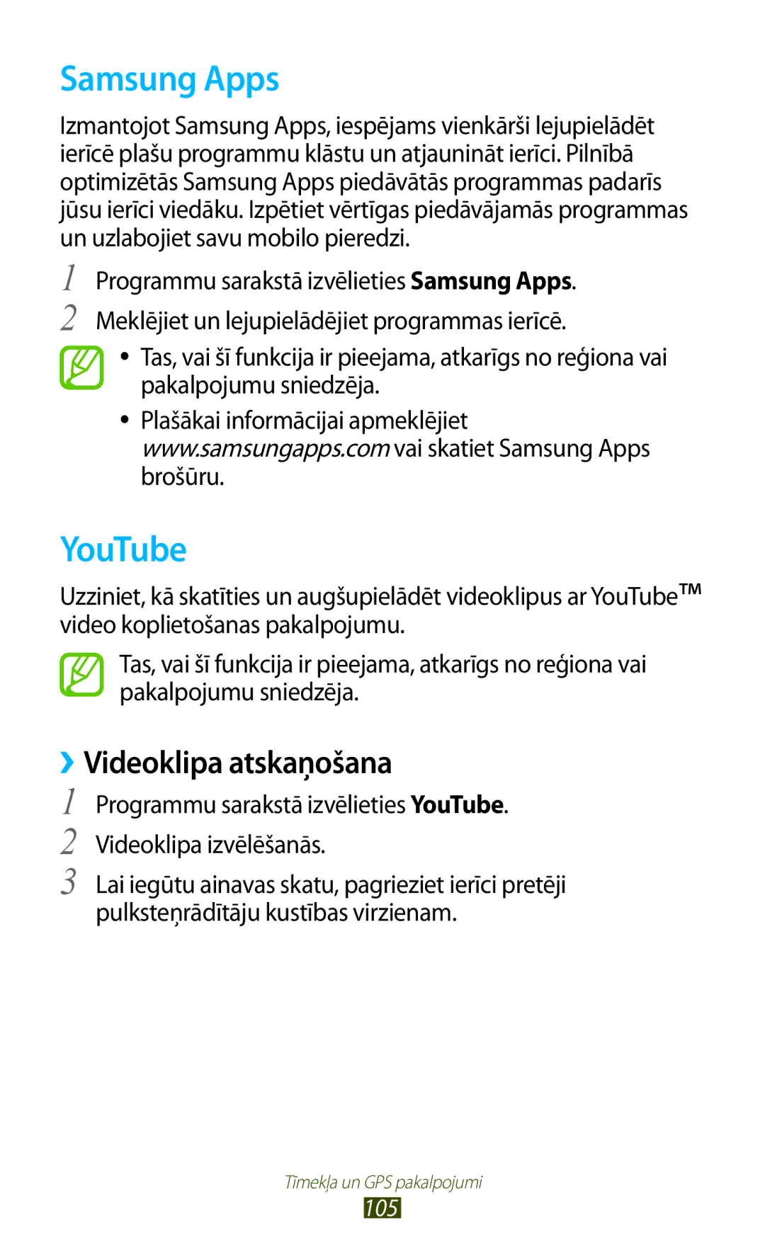 Samsung GT-S7562CWZSEB, GT-S7562UWASEB, GT-S7562ZKASEB manual Samsung Apps, YouTube 