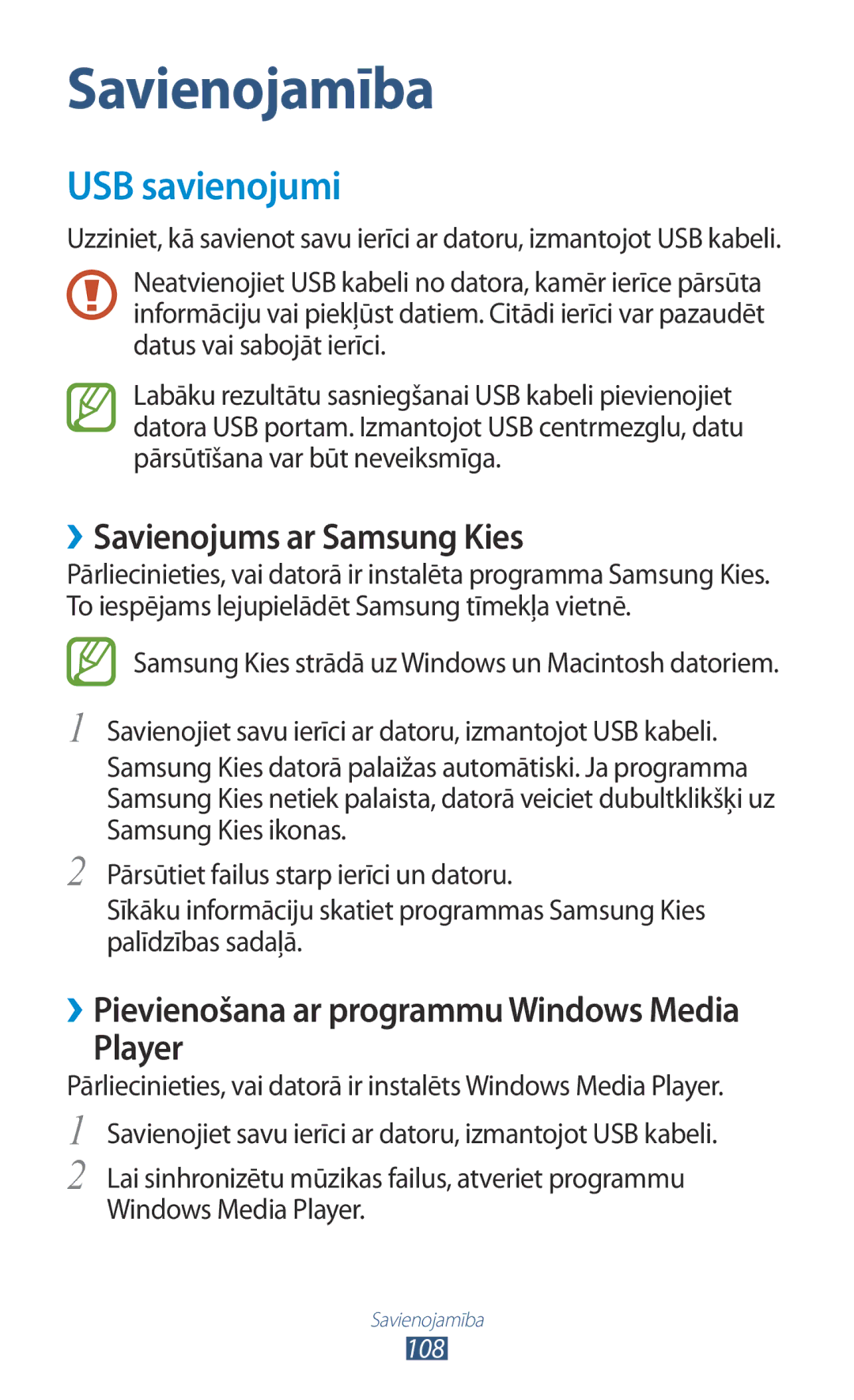 Samsung GT-S7562CWZSEB, GT-S7562UWASEB, GT-S7562ZKASEB manual USB savienojumi, ››Savienojums ar Samsung Kies, Player 