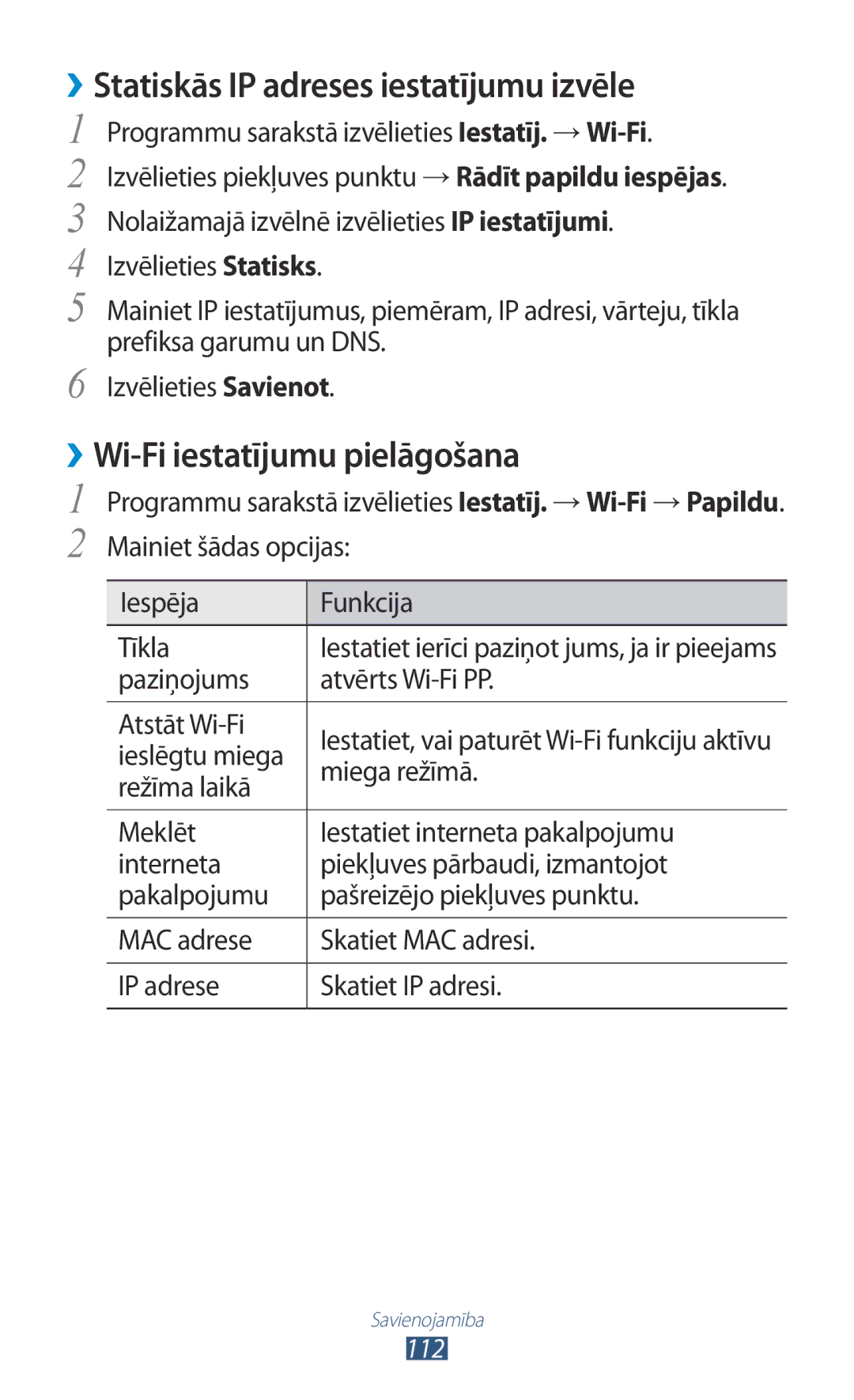 Samsung GT-S7562ZKASEB, GT-S7562UWASEB manual ››Statiskās IP adreses iestatījumu izvēle, ››Wi-Fi iestatījumu pielāgošana 