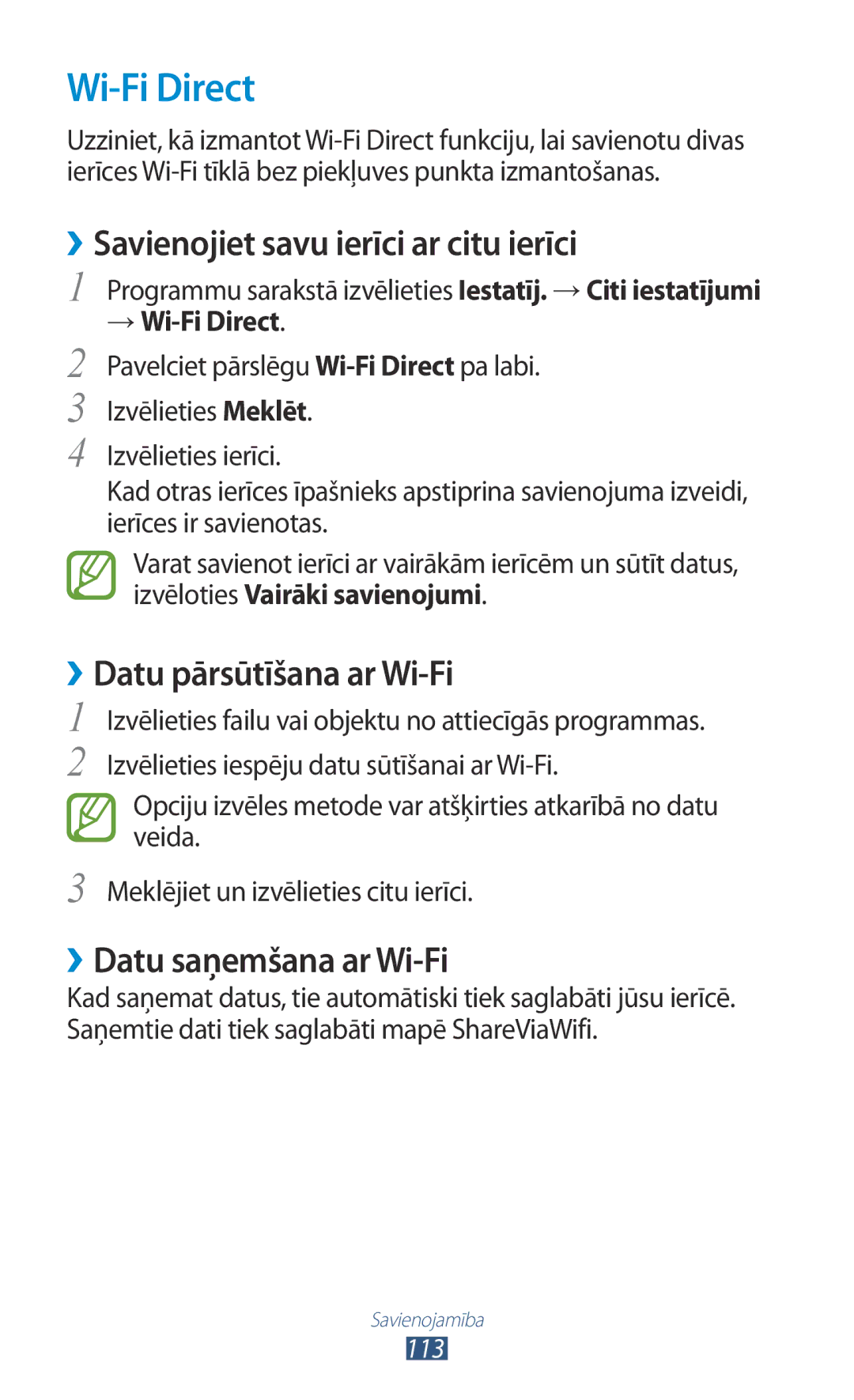 Samsung GT-S7562UWASEB manual ››Savienojiet savu ierīci ar citu ierīci, ››Datu pārsūtīšana ar Wi-Fi, → Wi-Fi Direct 