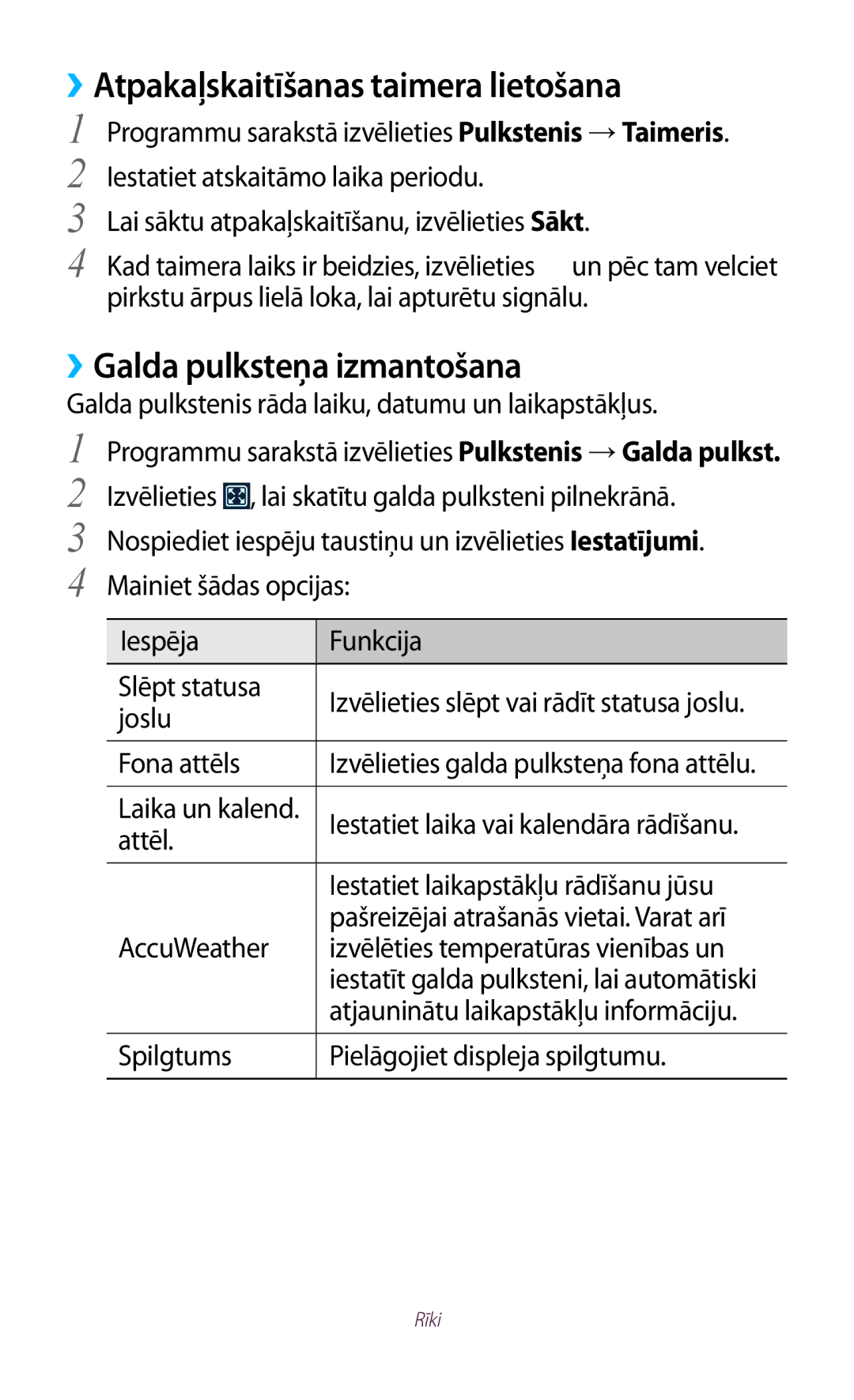 Samsung GT-S7562ZKASEB, GT-S7562UWASEB manual ››Atpakaļskaitīšanas taimera lietošana, ››Galda pulksteņa izmantošana 