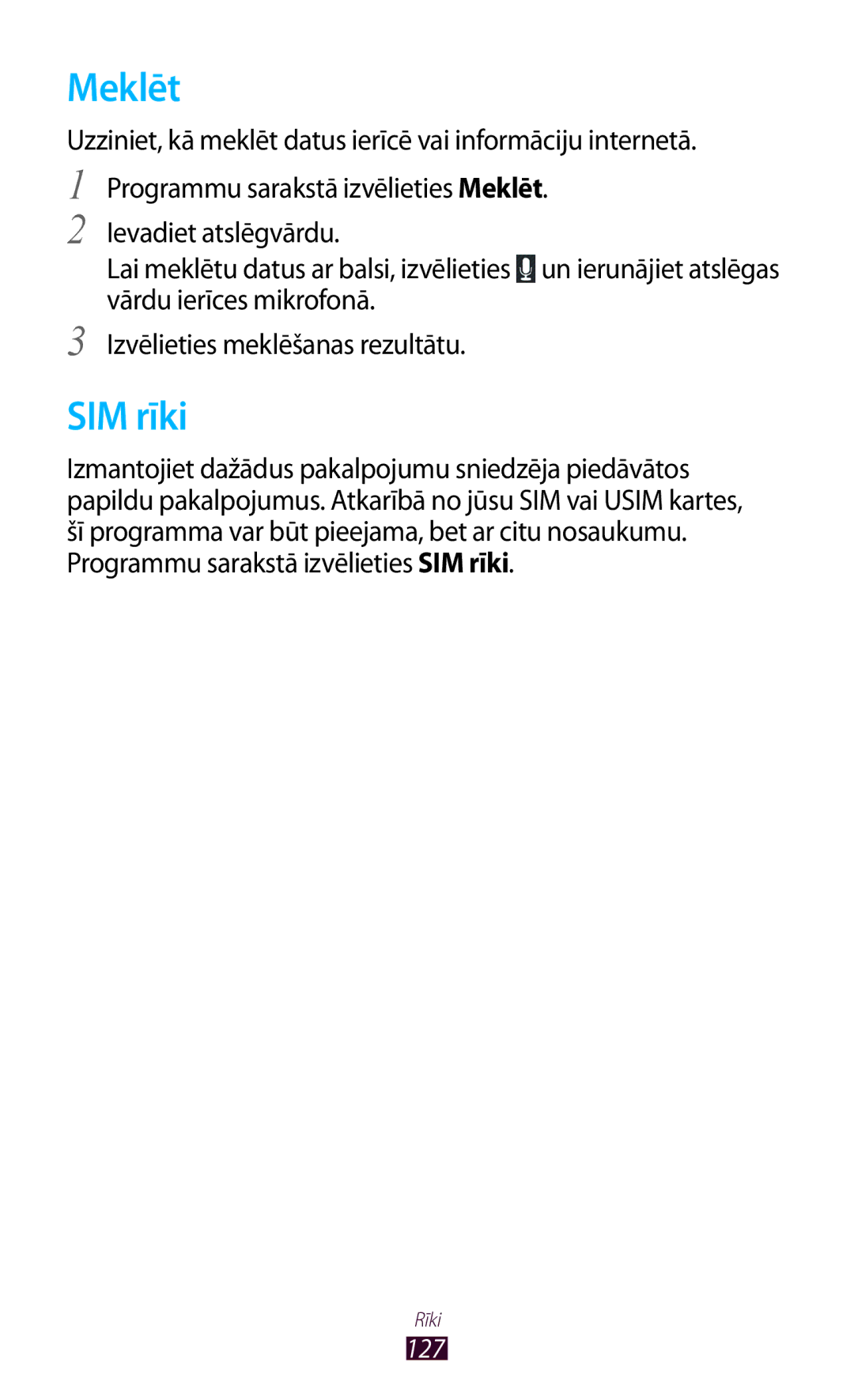 Samsung GT-S7562ZKASEB, GT-S7562UWASEB, GT-S7562CWZSEB manual Meklēt, SIM rīki 