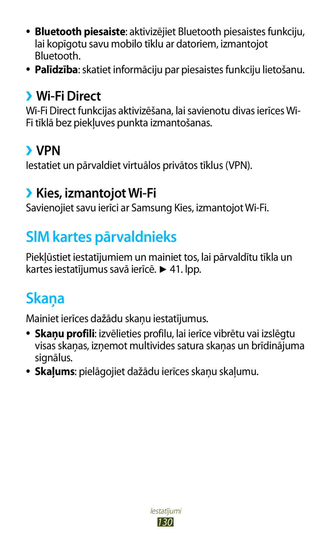 Samsung GT-S7562ZKASEB, GT-S7562UWASEB manual SlM kartes pārvaldnieks, Skaņa, ››Wi-Fi Direct, ››Kies, izmantojot Wi-Fi 