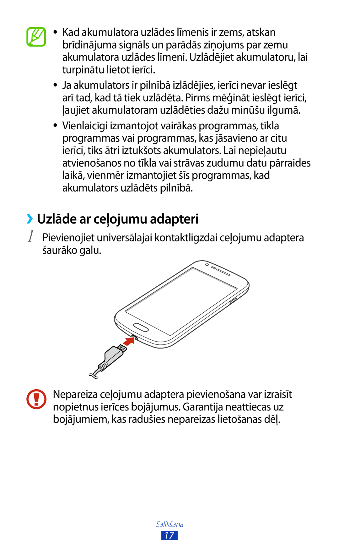 Samsung GT-S7562UWASEB, GT-S7562CWZSEB, GT-S7562ZKASEB manual ››Uzlāde ar ceļojumu adapteri 