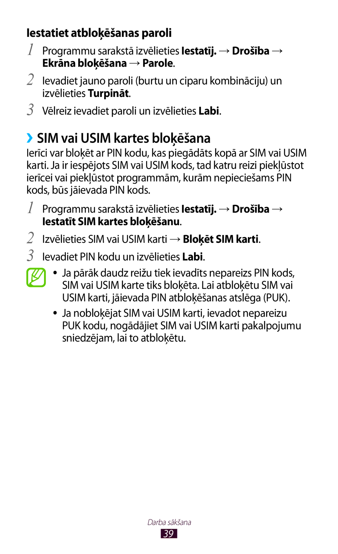 Samsung GT-S7562CWZSEB manual ››SIM vai Usim kartes bloķēšana, Ekrāna bloķēšana → Parole, Iestatīt SIM kartes bloķēšanu 