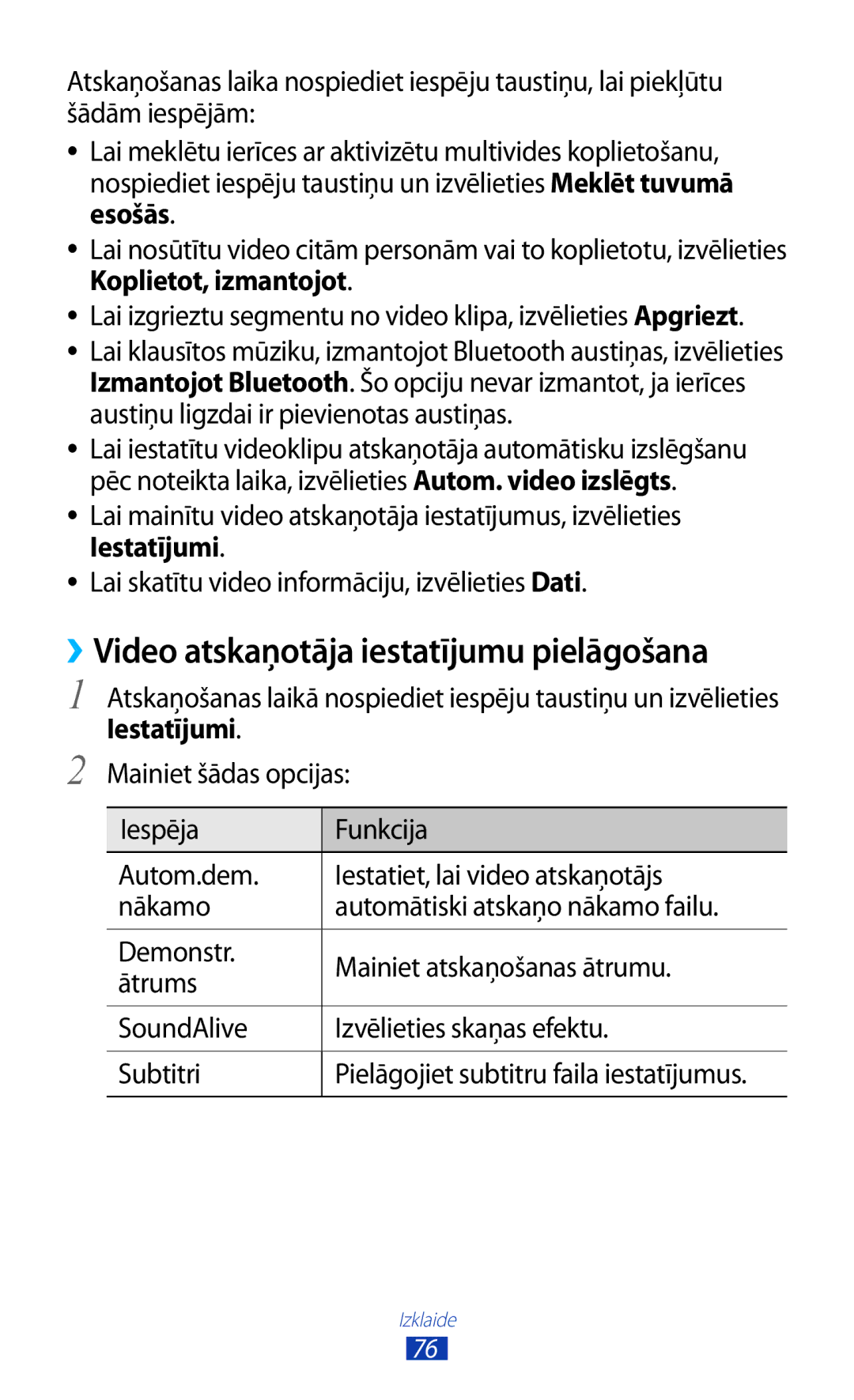 Samsung GT-S7562ZKASEB, GT-S7562UWASEB, GT-S7562CWZSEB manual ››Video atskaņotāja iestatījumu pielāgošana 