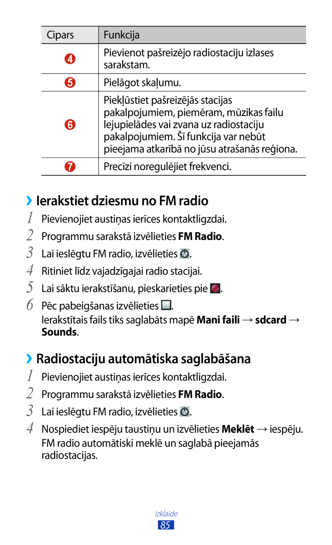 Samsung GT-S7562ZKASEB, GT-S7562UWASEB manual ››Ierakstiet dziesmu no FM radio, ››Radiostaciju automātiska saglabāšana 