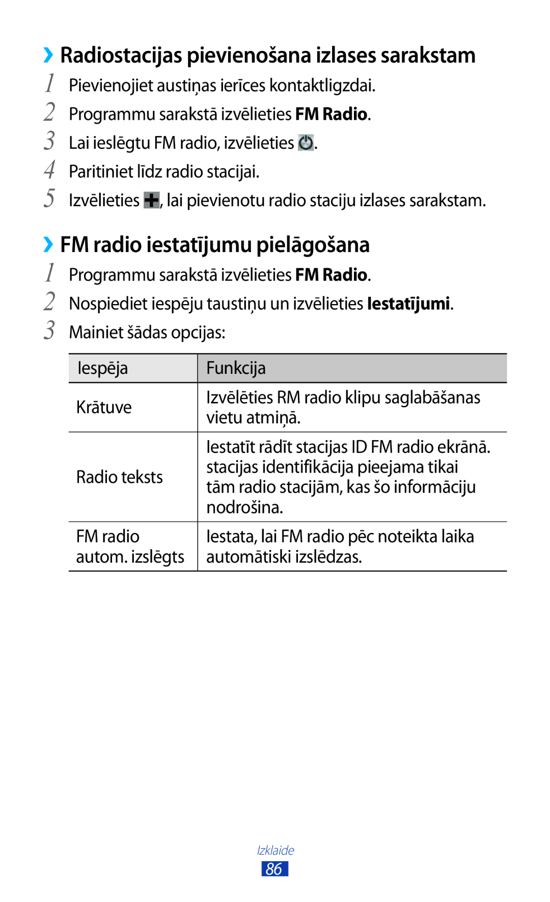 Samsung GT-S7562UWASEB, GT-S7562CWZSEB, GT-S7562ZKASEB manual ››FM radio iestatījumu pielāgošana 