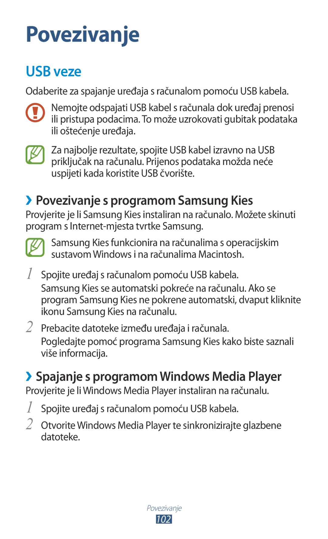 Samsung GT-S7562ZKATRA, GT-S7562UWATRA, GT-S7562ZKATSR, GT-S7562ZKAMSR manual USB veze, ››Povezivanje s programom Samsung Kies 
