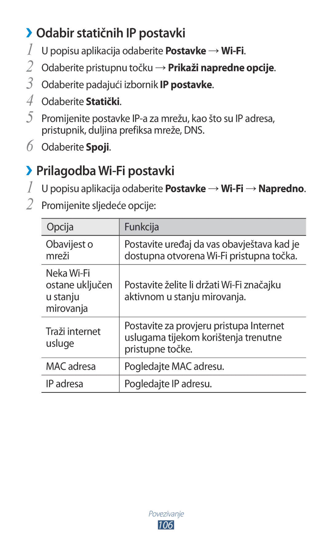 Samsung GT-S7562ZKAMSR, GT-S7562UWATRA, GT-S7562ZKATSR ››Odabir statičnih IP postavki, ››Prilagodba Wi-Fi postavki, Mreži 