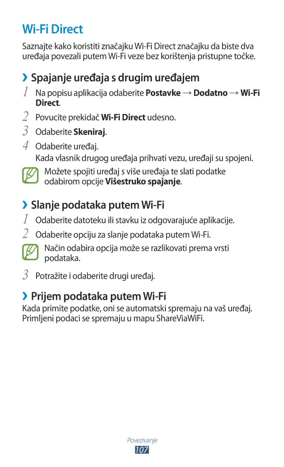 Samsung GT2S7562UWATRA, GT-S7562UWATRA Wi-Fi Direct, ››Spajanje uređaja s drugim uređajem, ››Slanje podataka putem Wi-Fi 