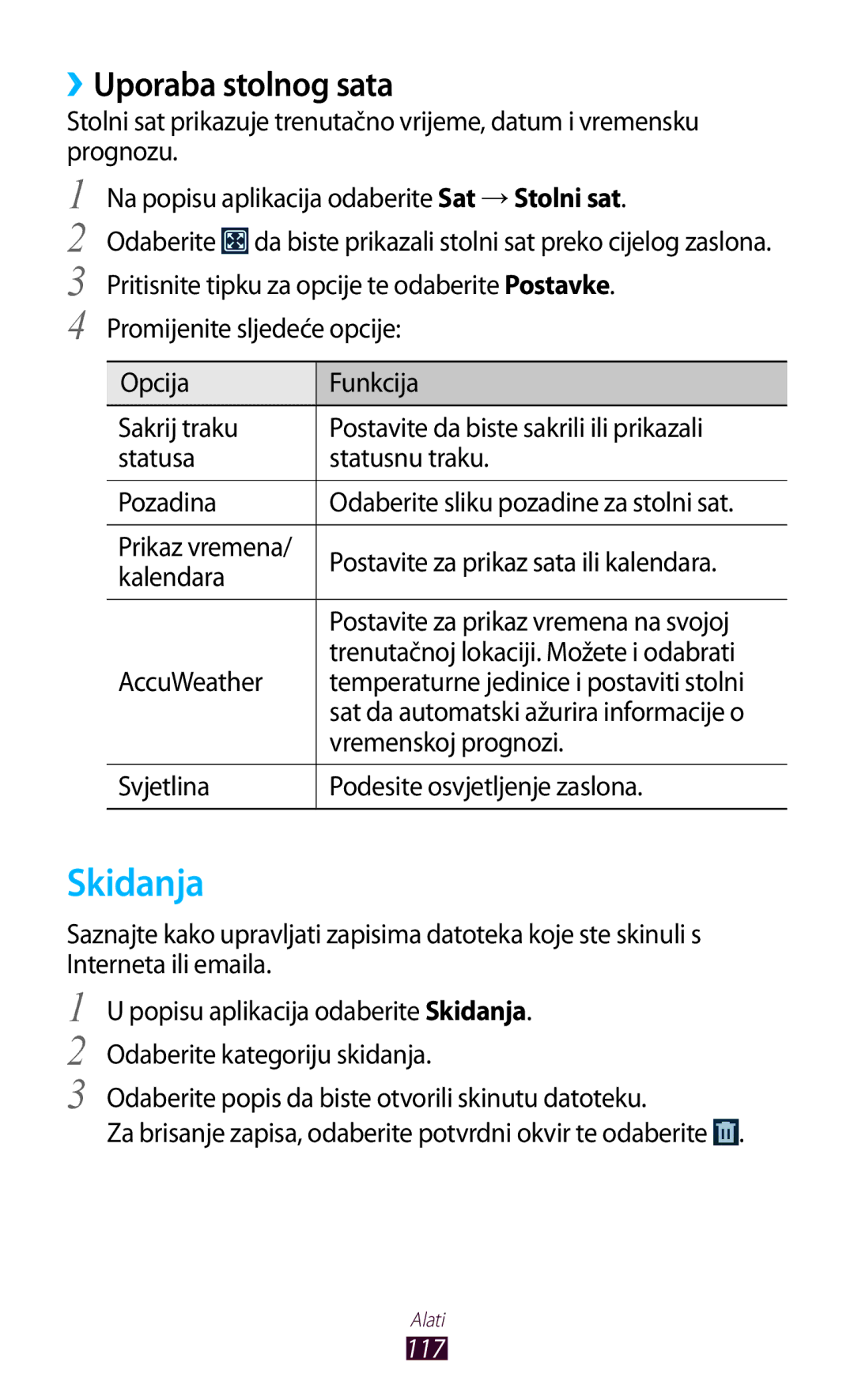 Samsung GT-S7562UWATSR Skidanja, ››Uporaba stolnog sata, Vremenskoj prognozi, Svjetlina Podesite osvjetljenje zaslona 