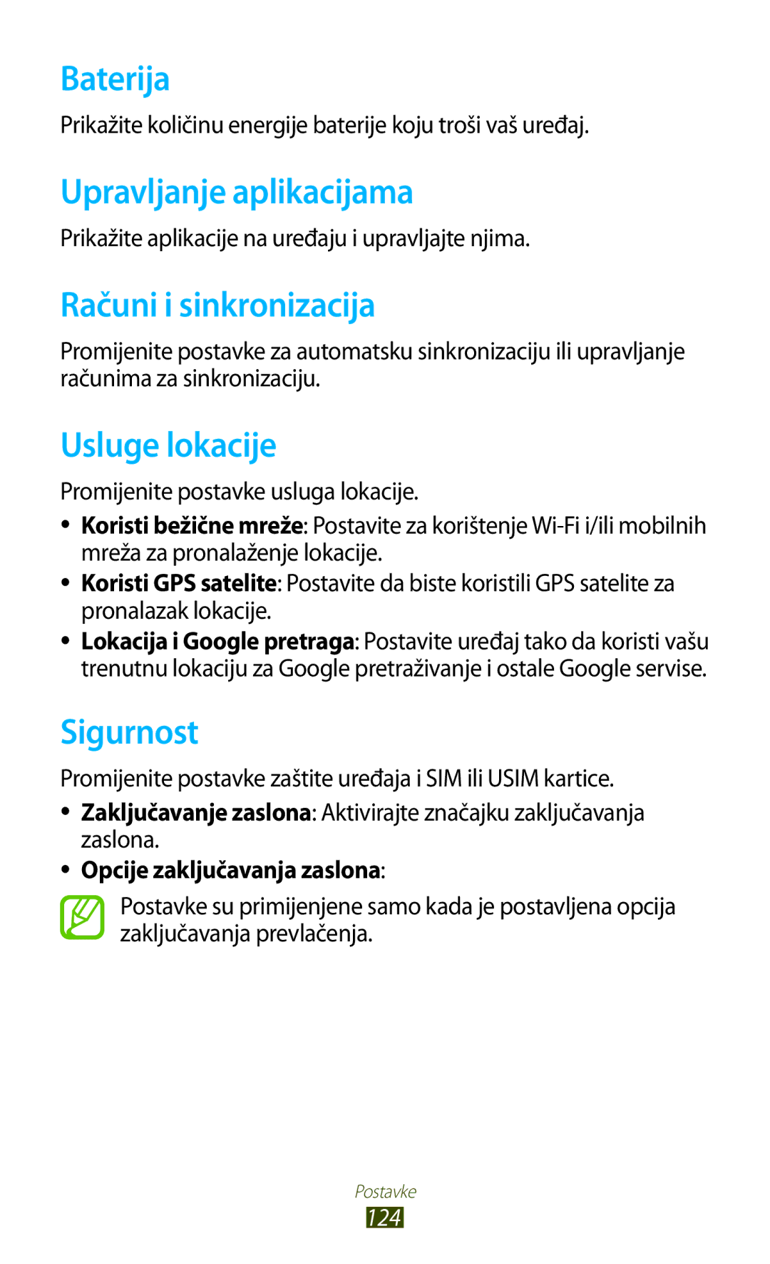 Samsung GT-S7562UWATSR manual Baterija, Upravljanje aplikacijama, Računi i sinkronizacija, Usluge lokacije, Sigurnost 