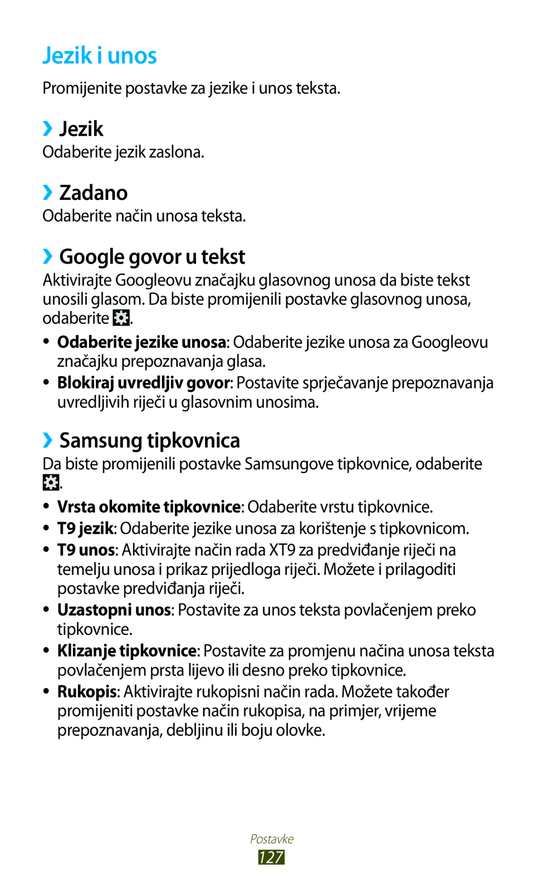 Samsung GT-S7562ZKAMSR, GT-S7562UWATRA manual Jezik i unos, ››Jezik, ››Zadano, ››Google govor u tekst, ››Samsung tipkovnica 