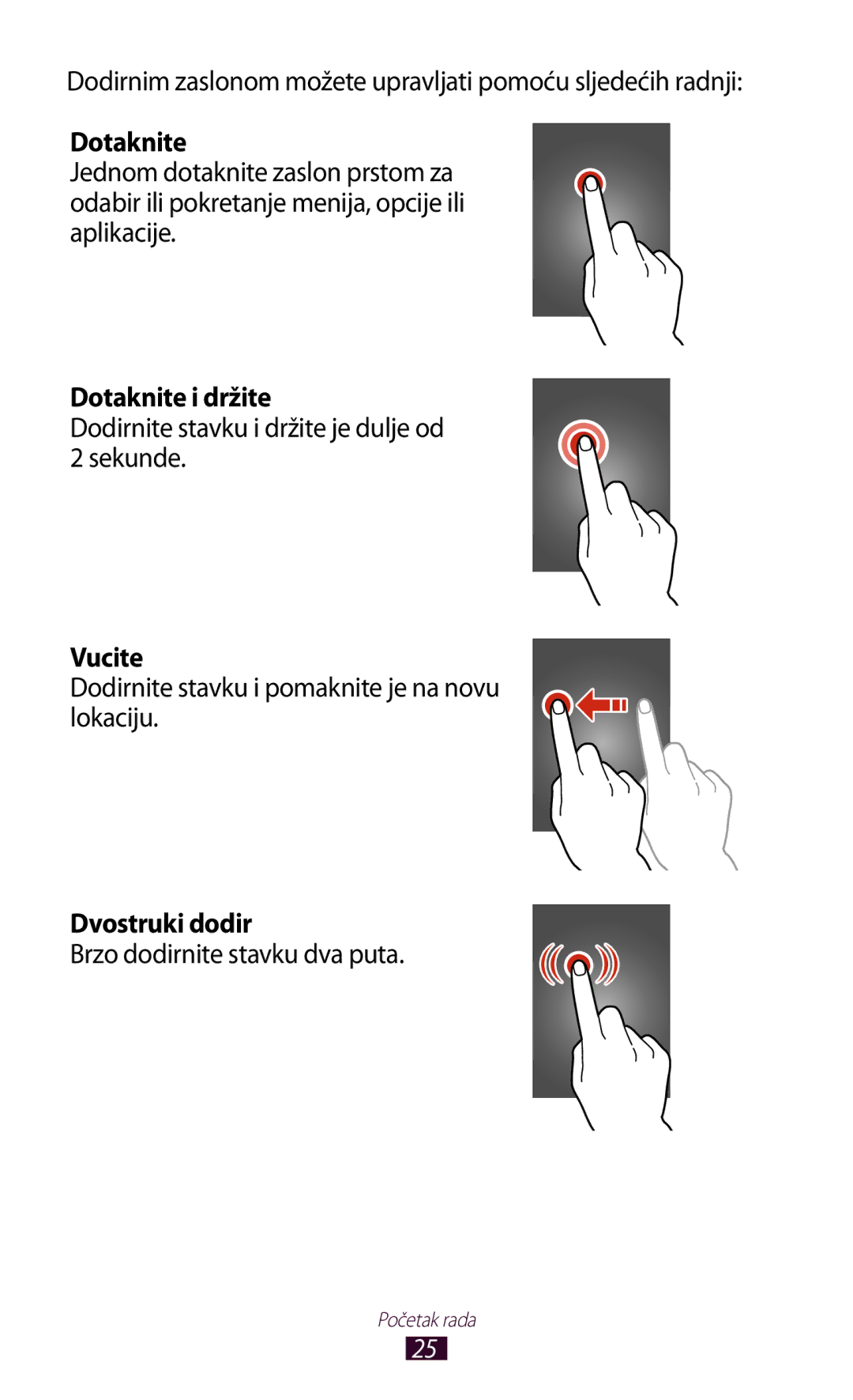 Samsung GT-S7562ZKATRA, GT-S7562UWATRA, GT-S7562ZKATSR, GT-S7562ZKAMSR manual Dotaknite i držite, Vucite, Dvostruki dodir 