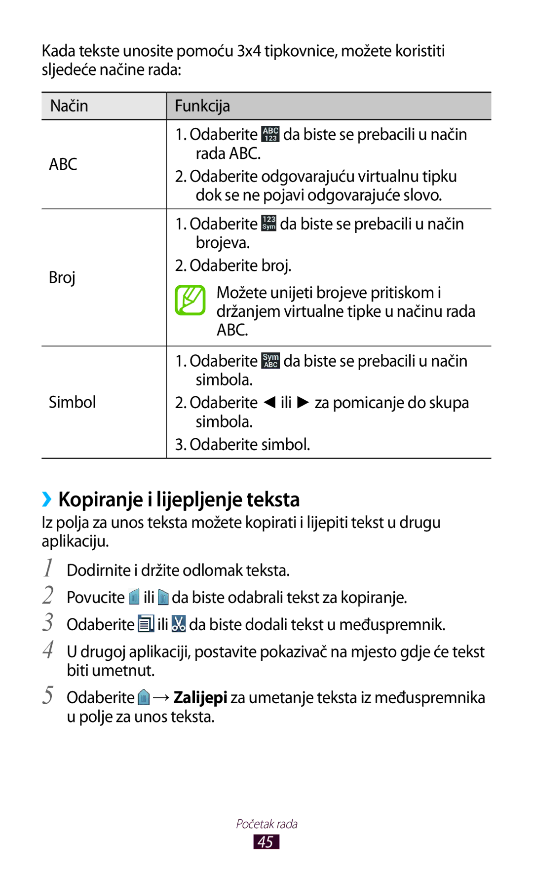 Samsung GT2S7562ZKATRA, GT-S7562UWATRA, GT-S7562ZKATSR manual ››Kopiranje i lijepljenje teksta, Simbola Odaberite simbol 