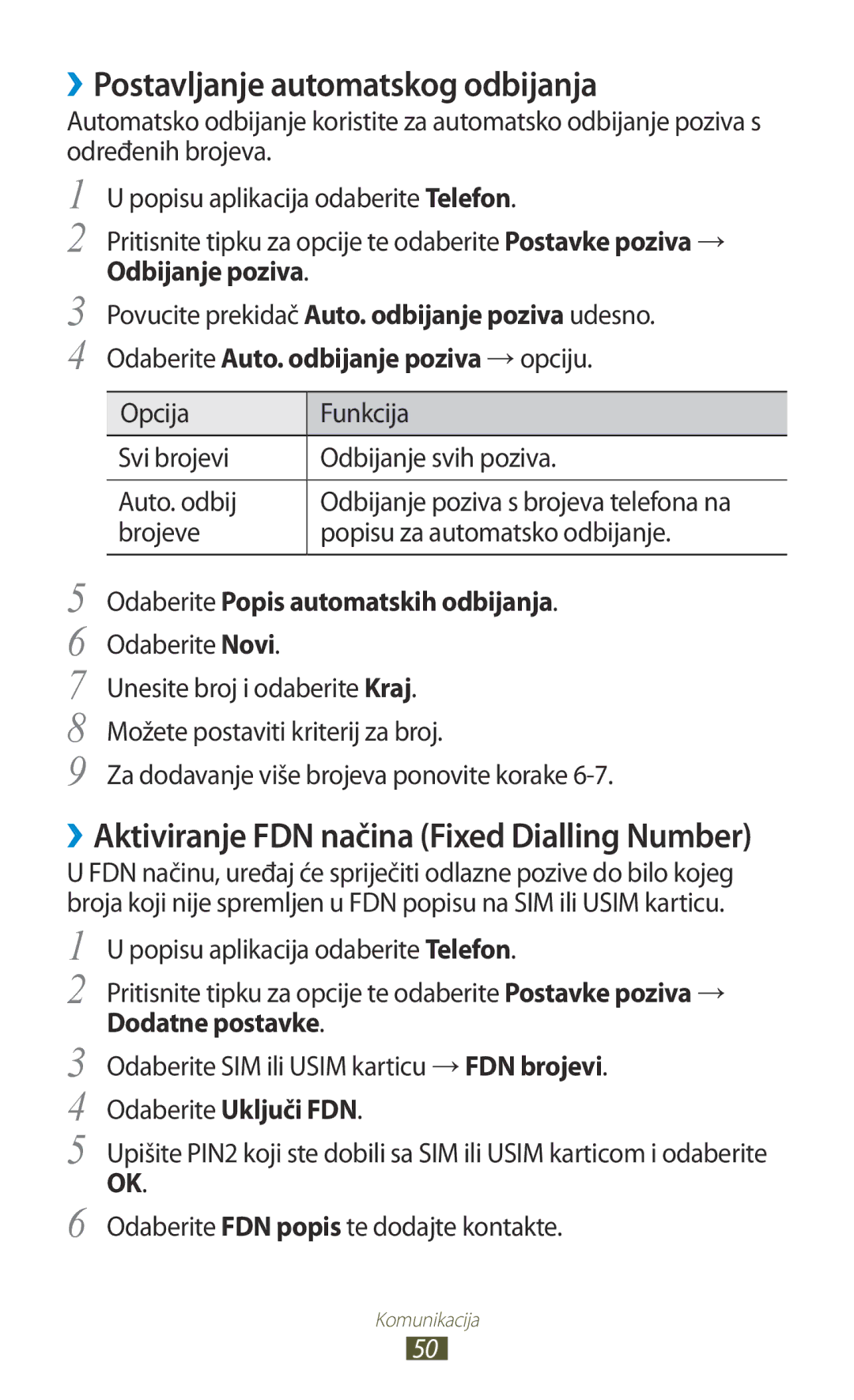 Samsung GT-S7562ZKAMSR, GT-S7562UWATRA ››Postavljanje automatskog odbijanja, Odaberite Auto. odbijanje poziva → opciju 