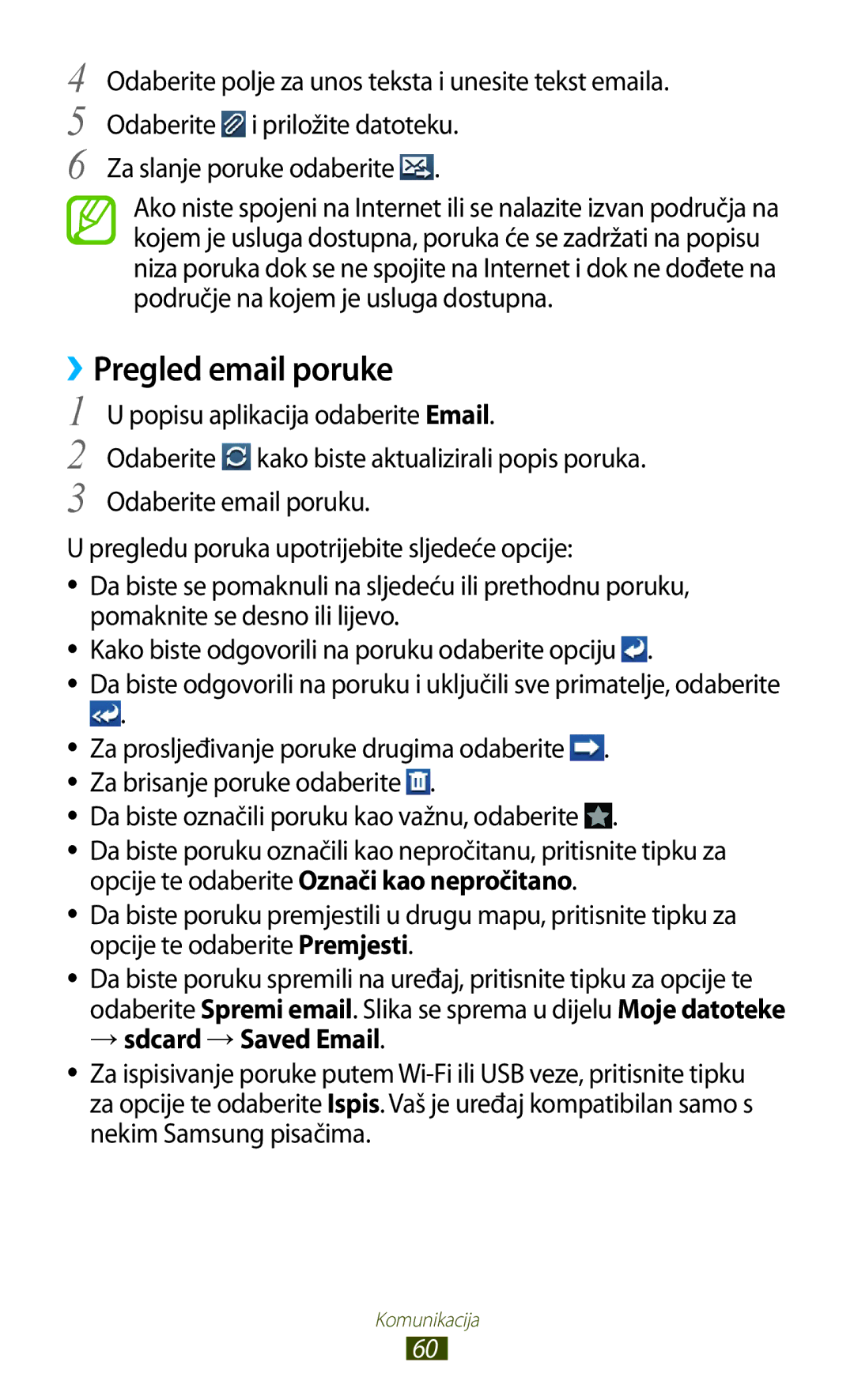 Samsung GT-S7562ZKATRA, GT-S7562UWATRA manual Da biste označili poruku kao važnu, odaberite, → sdcard → Saved Email 