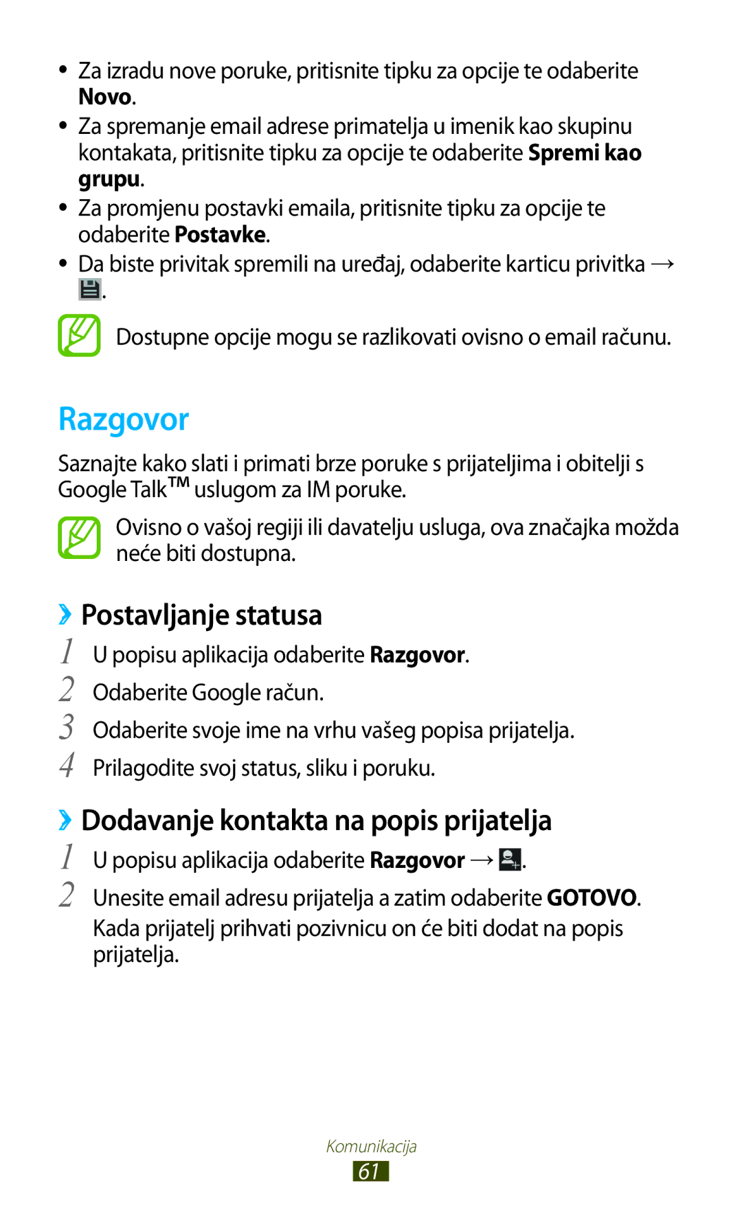 Samsung GT-S7562UWATSR, GT-S7562UWATRA manual Razgovor, ››Postavljanje statusa, ››Dodavanje kontakta na popis prijatelja 