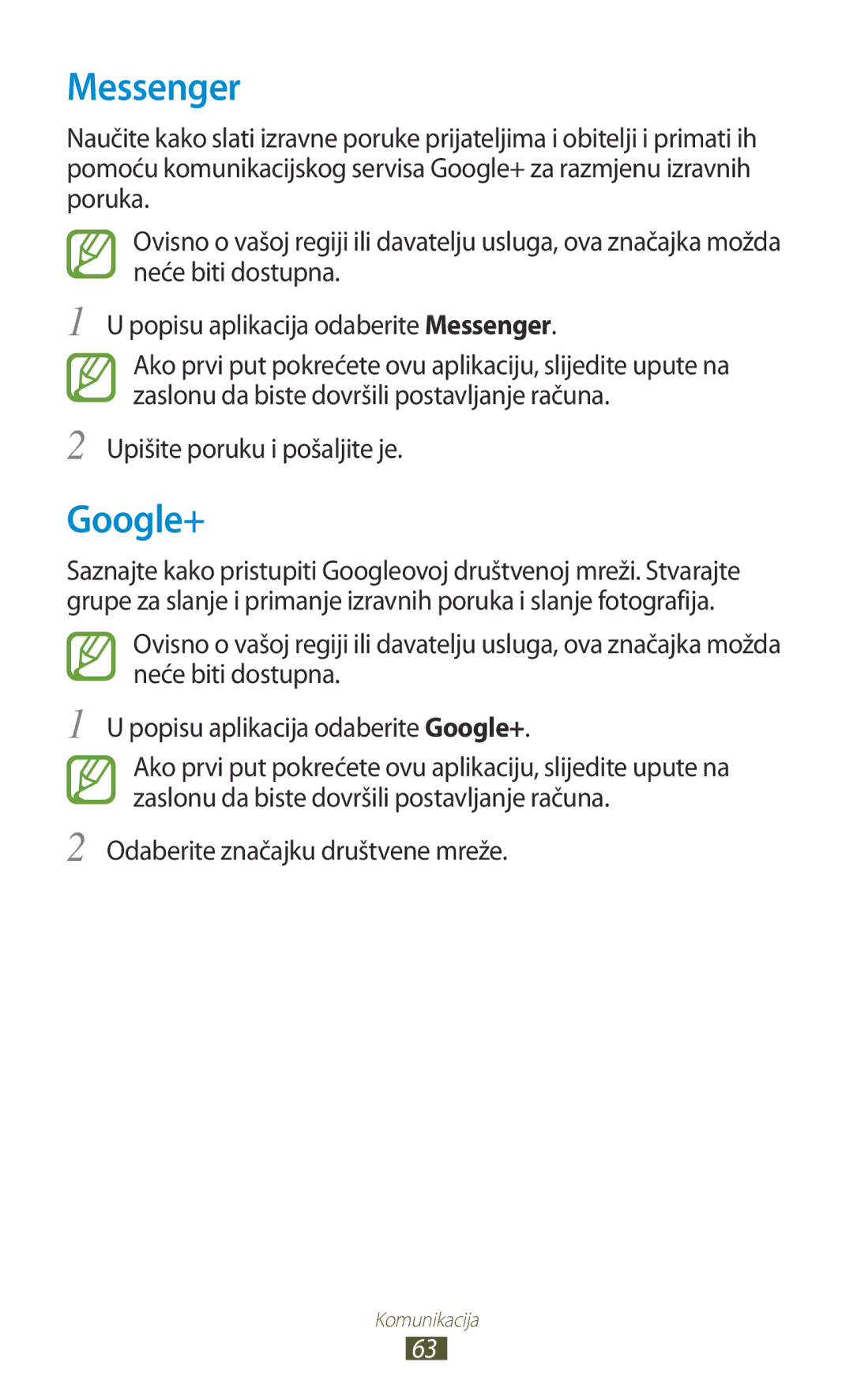 Samsung GT-S7562ZKATSR, GT-S7562UWATRA, GT-S7562ZKAMSR manual Messenger, Google+, Odaberite značajku društvene mreže 