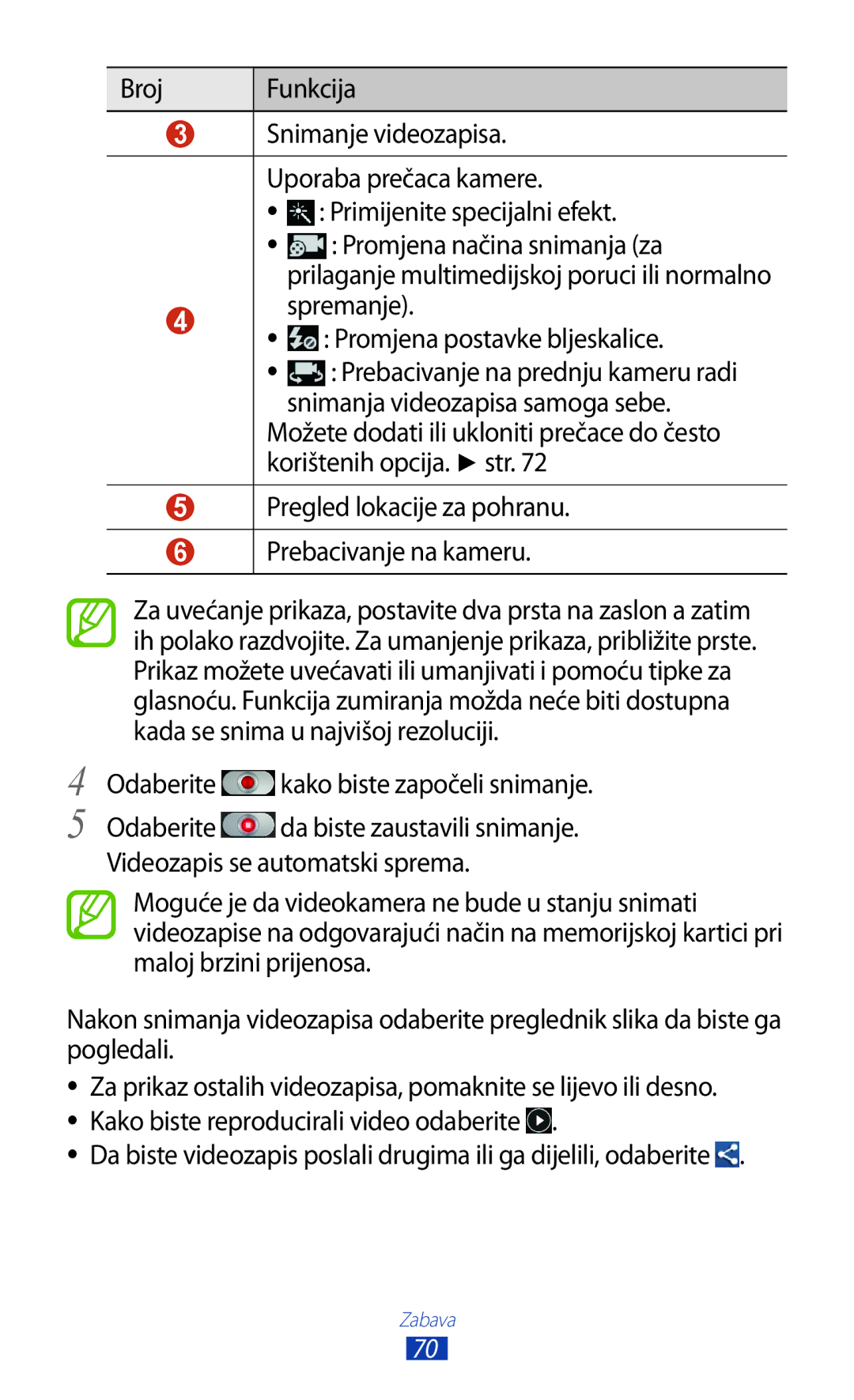 Samsung GT-S7562ZKATSR manual Promjena postavke bljeskalice, Snimanja videozapisa samoga sebe, Korištenih opcija. str 