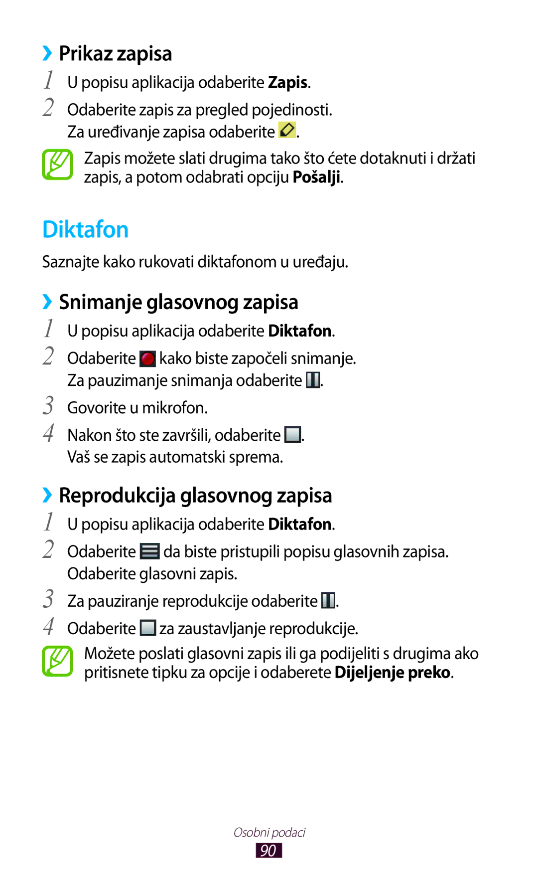 Samsung GT-S7562UWATRA manual Diktafon, ››Prikaz zapisa, ››Snimanje glasovnog zapisa, ››Reprodukcija glasovnog zapisa 