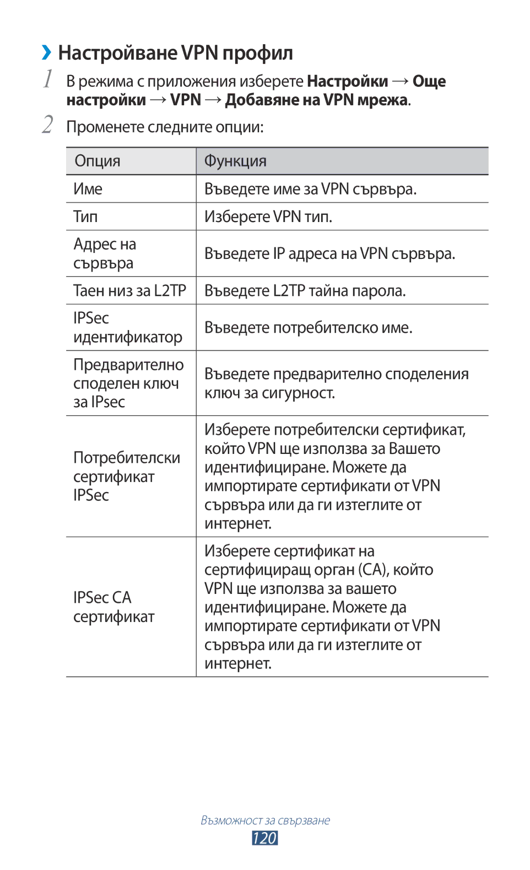 Samsung GT-S7562UWAVVT, GT2S7562UWABGL, GT2S7562ZKABGL, GT2S7562UWAVVT, GT-S7562WSABGL manual ››Настройване VPN профил 