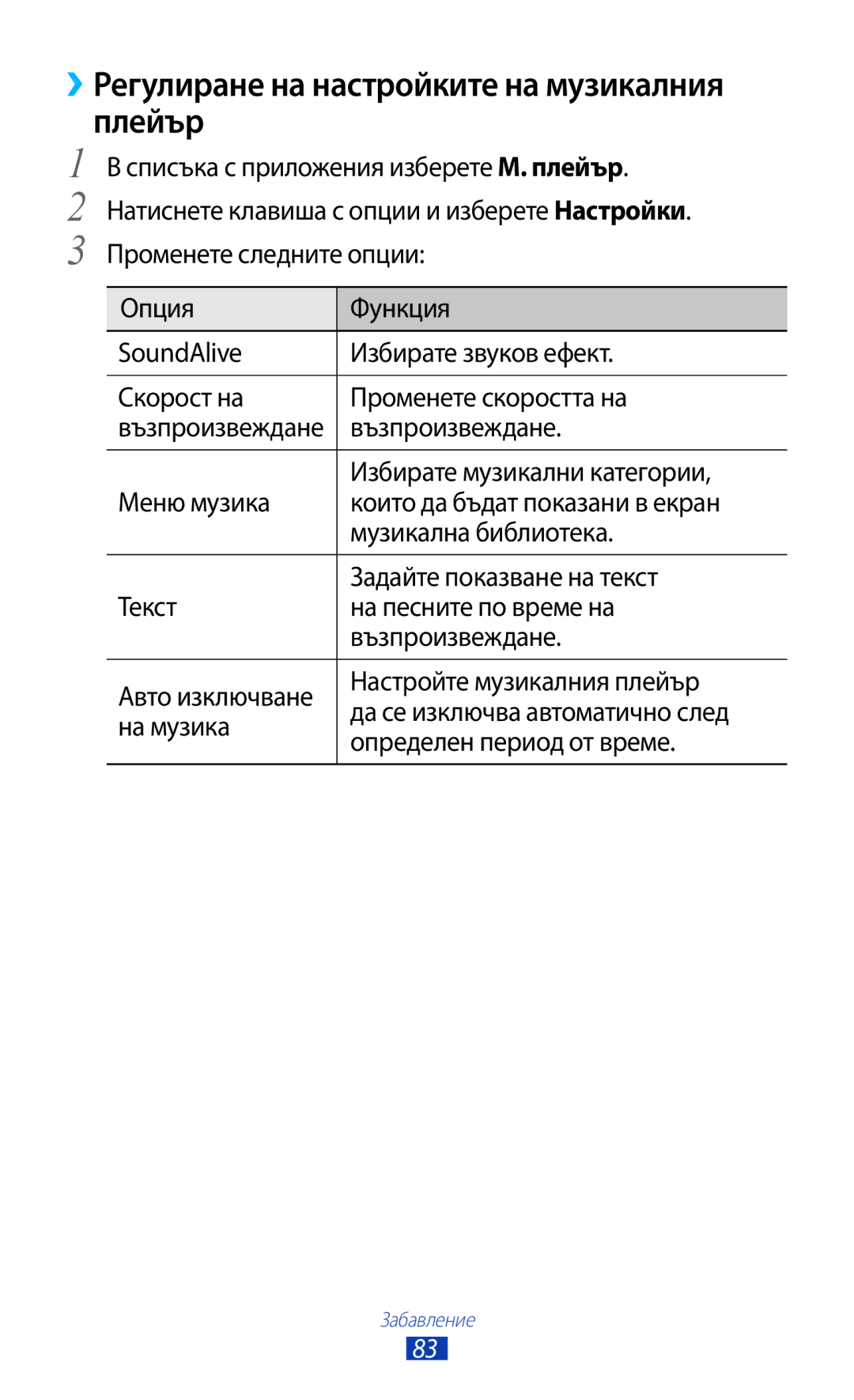 Samsung GT2S7562ZKAVVT, GT-S7562UWAVVT, GT2S7562UWABGL, GT2S7562ZKABGL manual ››Регулиране на настройките на музикалния Плейър 