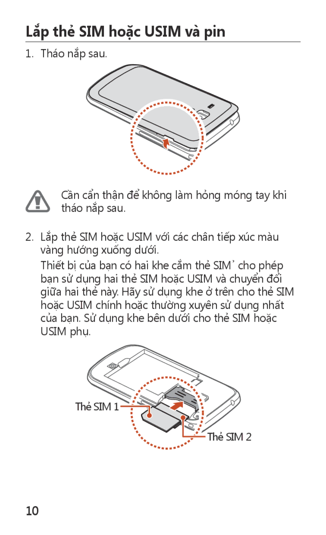 Samsung GT-S7562UWAXXV, GT-S7562ZKAXXV manual Lắp thẻ SIM hoặc Usim và pin 