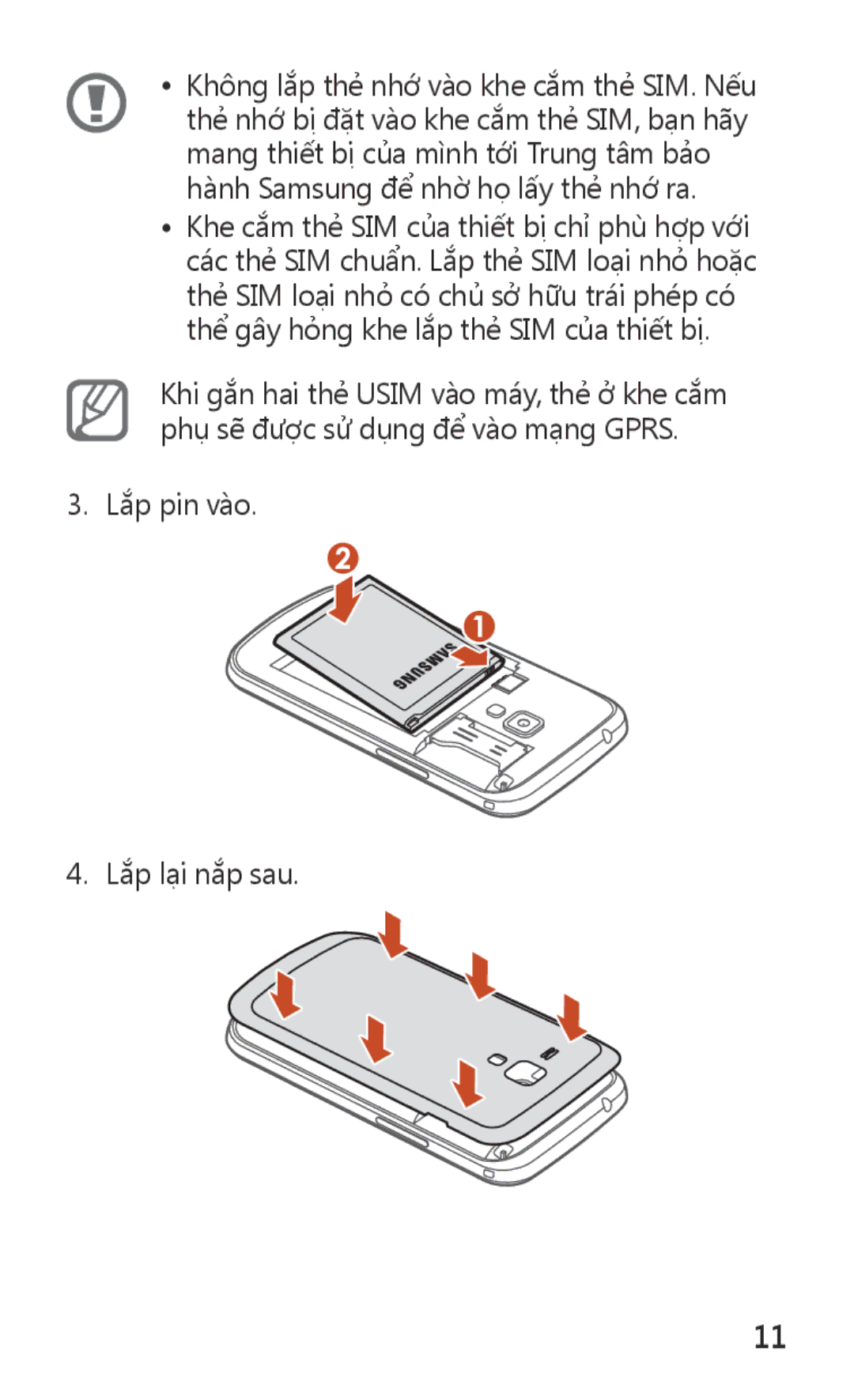 Samsung GT-S7562ZKAXXV, GT-S7562UWAXXV manual Lắp pin vào Lắp lại nắp sau 