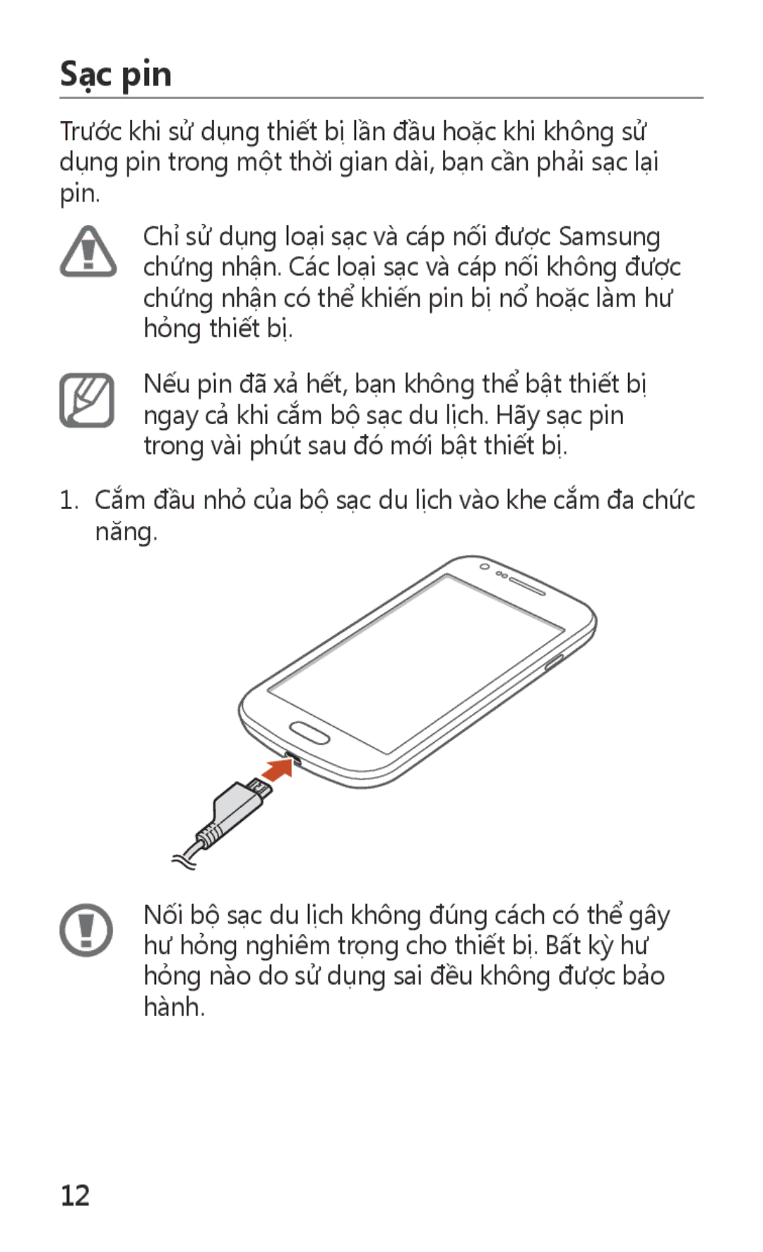 Samsung GT-S7562UWAXXV, GT-S7562ZKAXXV manual Sạc pin 