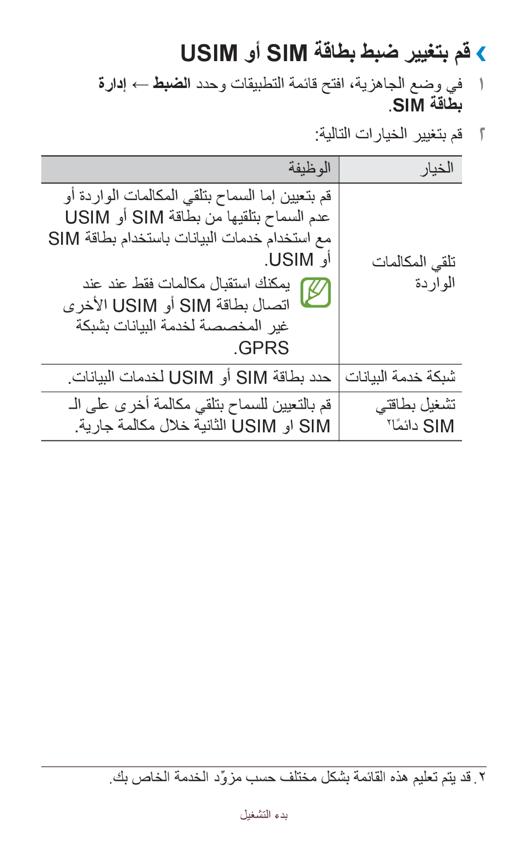 Samsung GT-S7562UWAAFR, GT-S7562ZKAJED manual Usim وأ SIM ةقاطب طبض رييغتب مق››, ةيلاتلا تارايخلا رييغتب مق2 ةفيظولا 