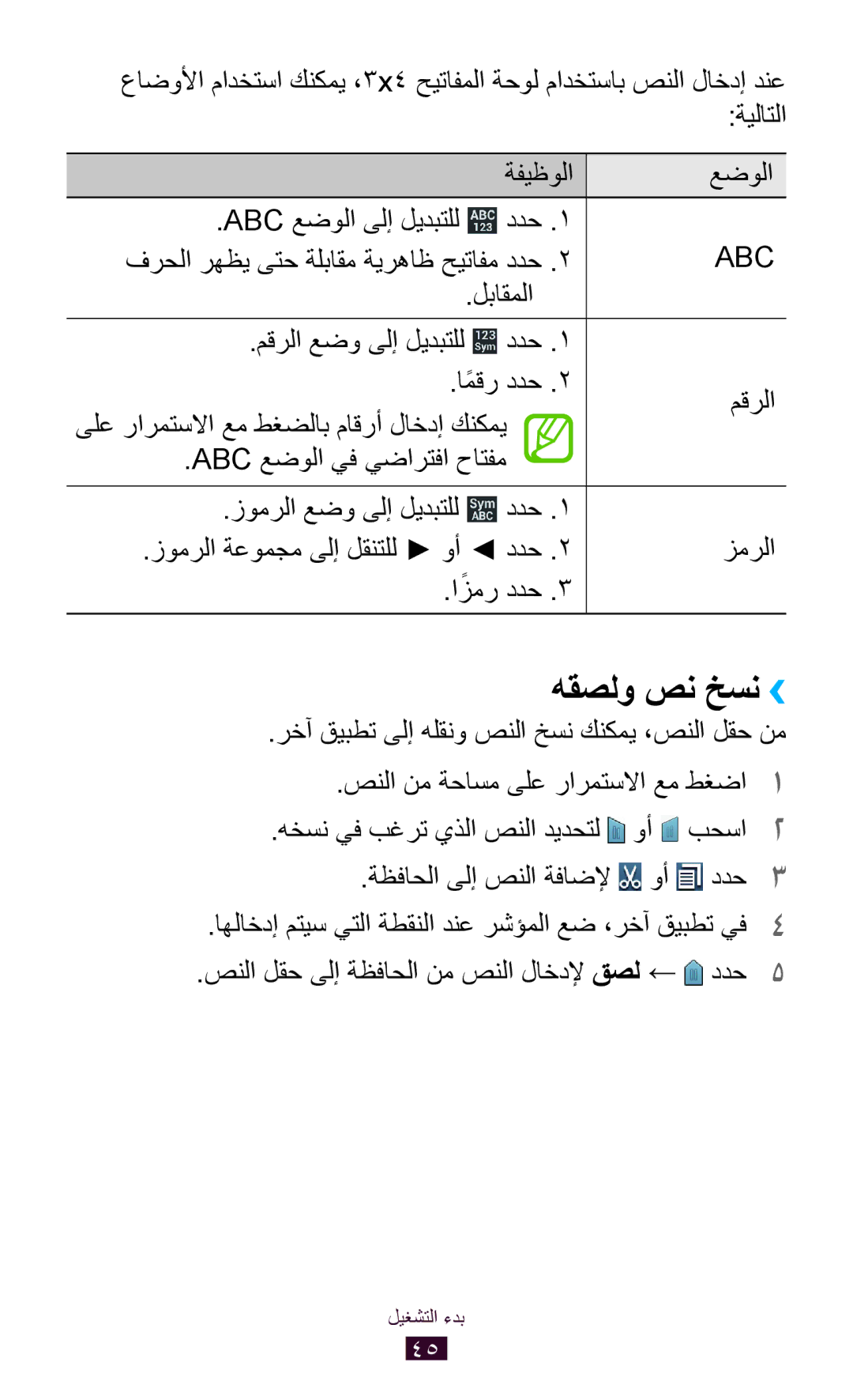 Samsung GT-S7562UWATHR هقصلو صن خسن››, ةفيظولا عضولا Abc عضولا ىلإ ليدبتلل ددح, فرحلا رهظي ىتح ةلباقم ةيرهاظ حيتافم ددح 