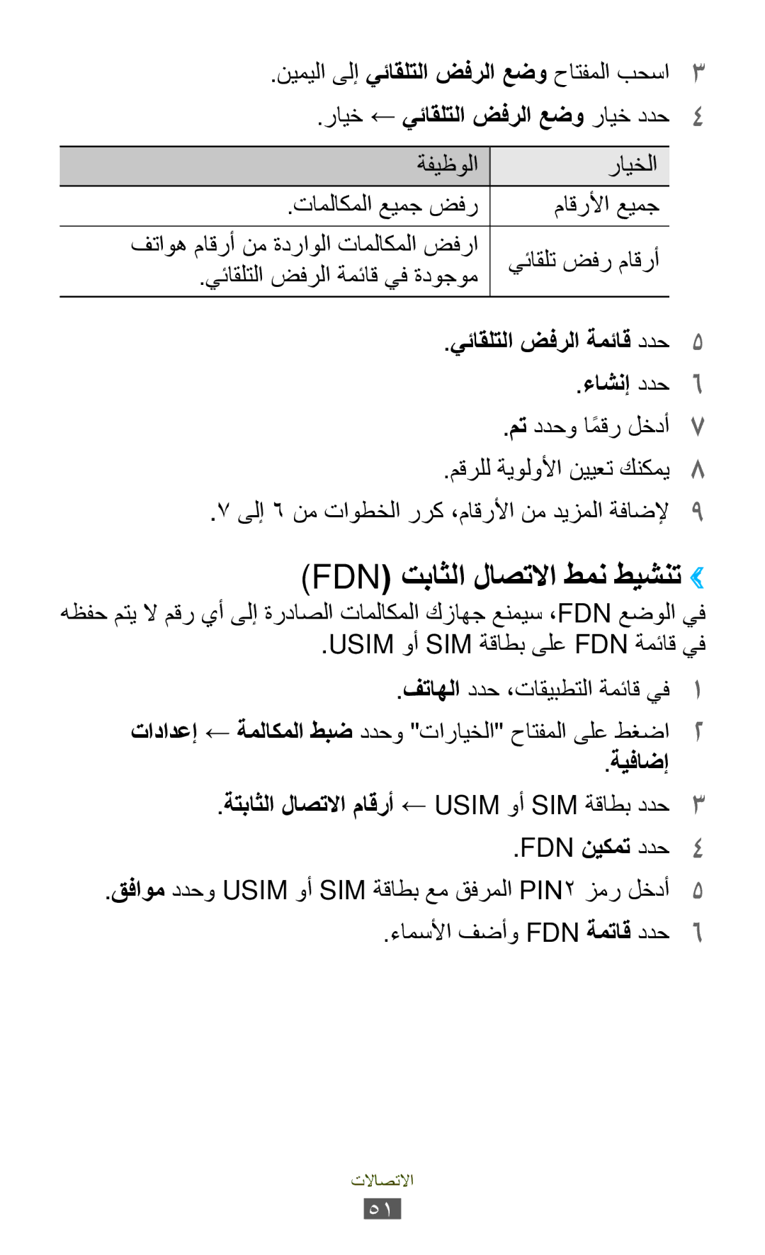 Samsung GT-S7562ZKAXSG manual Fdn تباثلا لاصتلاا طمن طيشنت››, رايخ ← يئاقلتلا ضفرلا عضو رايخ ددح4, ةيفاضإ, FDN نيكمت ددح4 