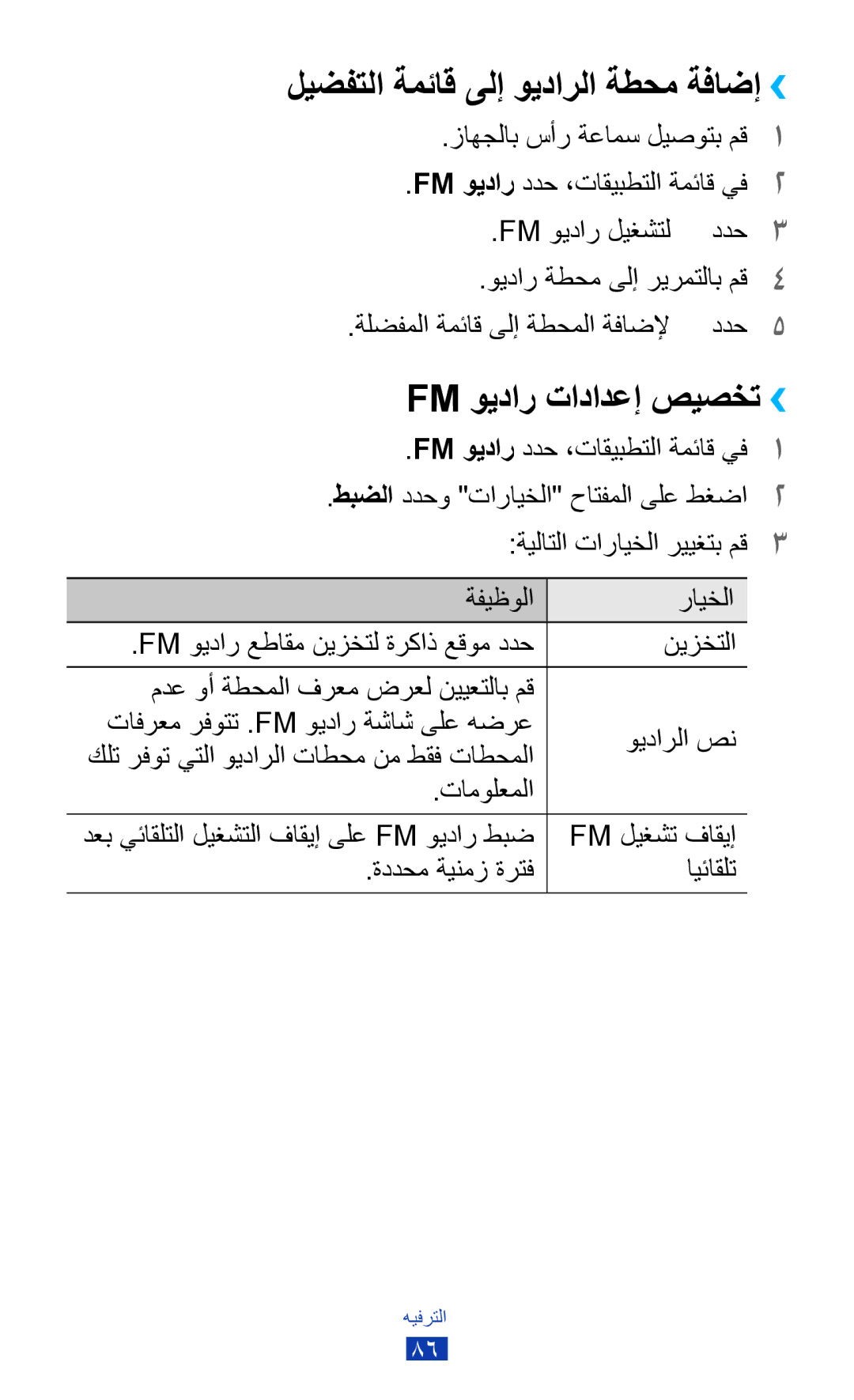 Samsung GT-S7562ZKAAFR ليضفتلا ةمئاق ىلإ ويدارلا ةطحم ةفاضإ››, Fm ويدار تادادعإ صيصخت ››, زاهجلاب سأر ةعامس ليصوتب مق 