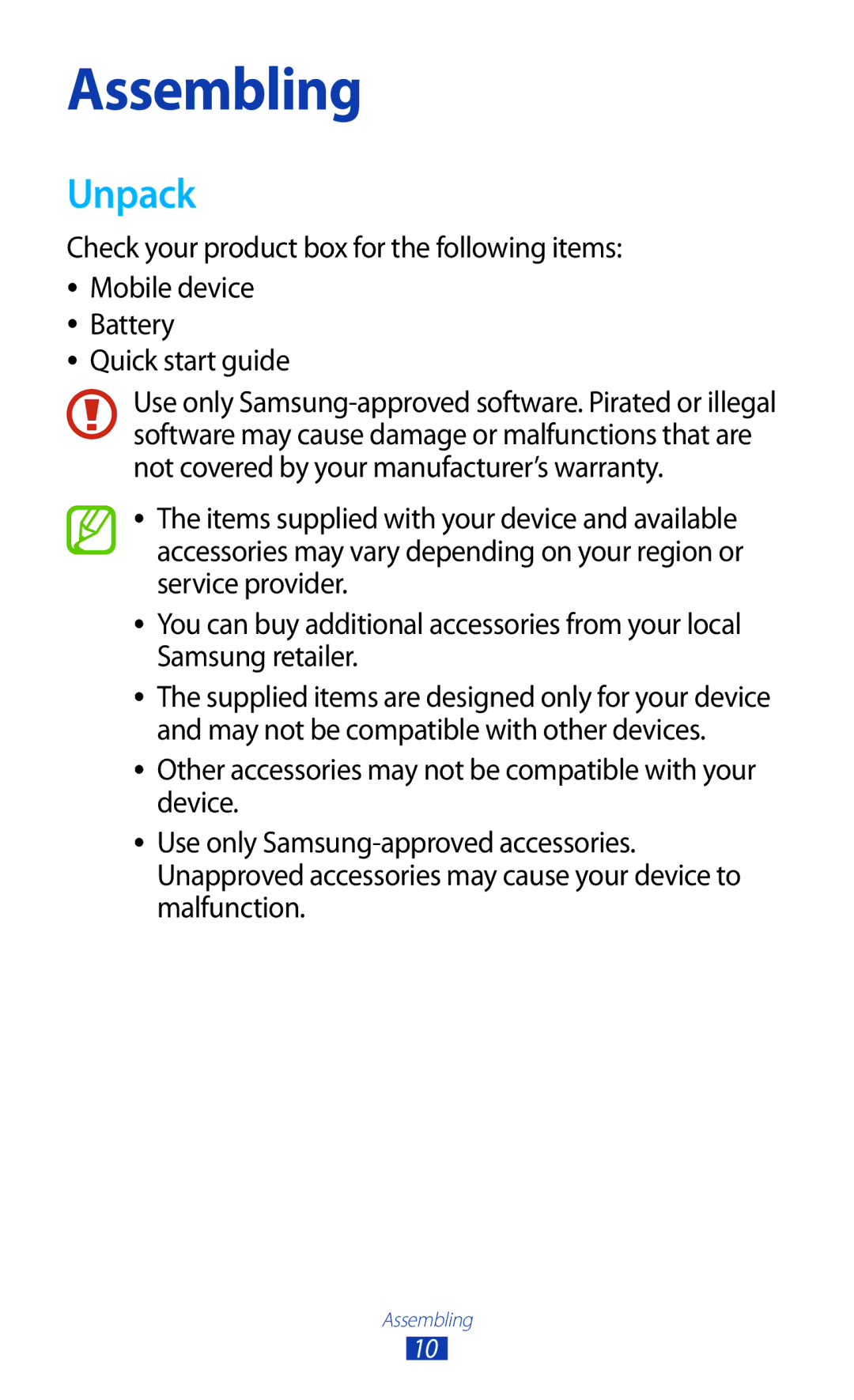 Samsung GT-S7562ZKAJED, GT-S7562ZKAXSG, GT-S7562UWAAFR, GT-S7562UWAJED, GT-S7562UWAKSA, GT-S7562UWATHR manual Assembling, Unpack 