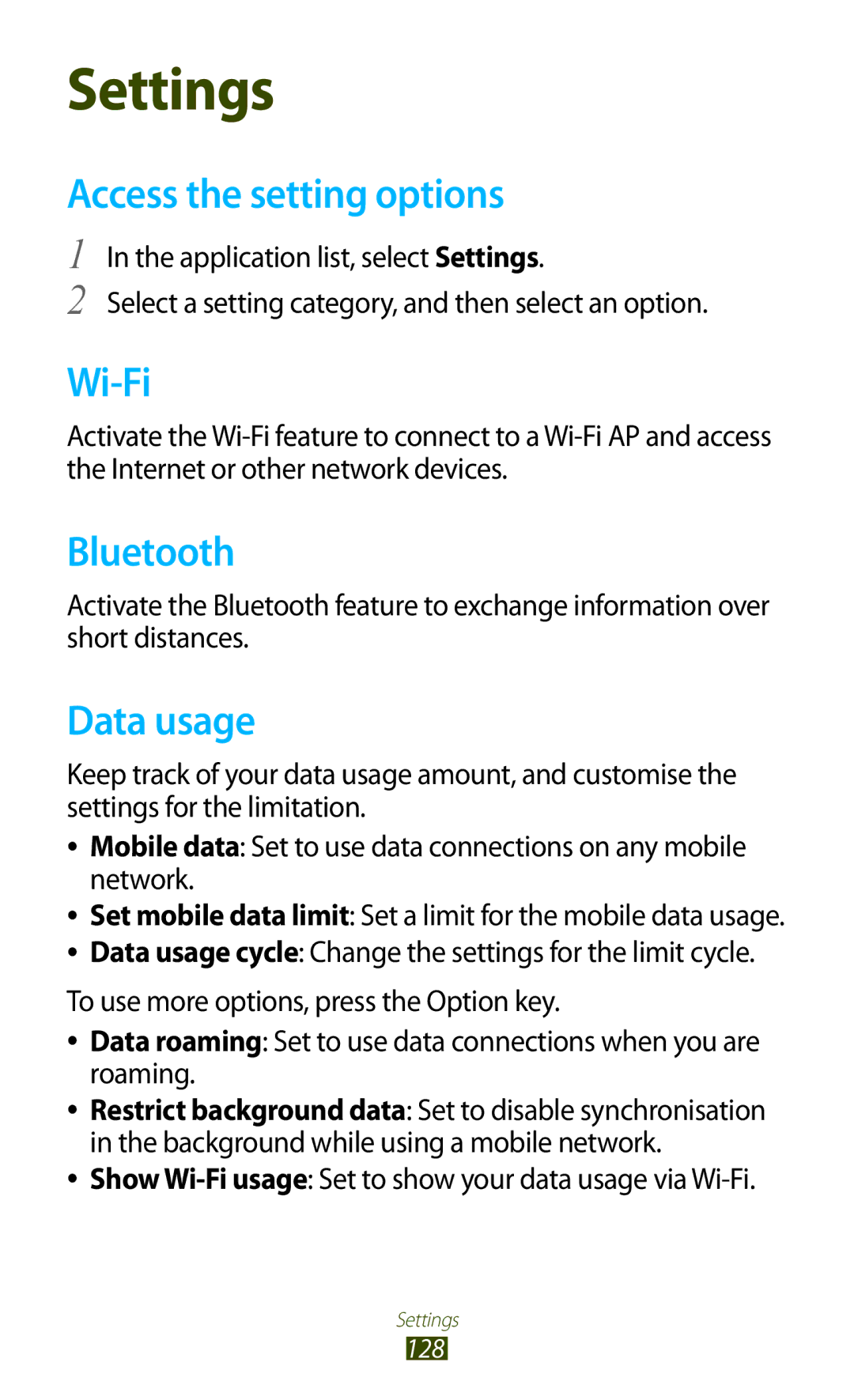 Samsung GT-S7562ZKAKSA, GT-S7562ZKAJED, GT-S7562ZKAXSG, GT-S7562UWAAFR, GT-S7562UWAJED Access the setting options, Data usage 