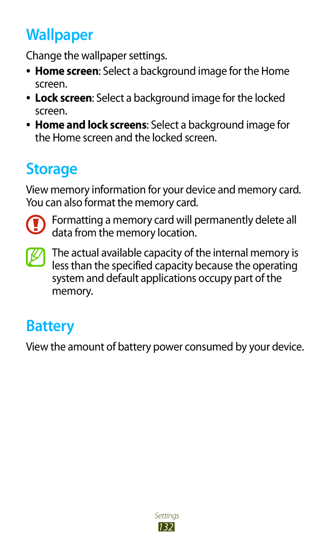 Samsung GT-S7562UWAAFR manual Wallpaper, Storage, Battery, View the amount of battery power consumed by your device 