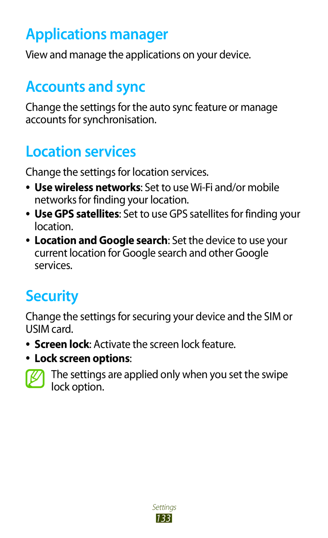 Samsung GT-S7562UWAJED, GT-S7562ZKAJED, GT-S7562ZKAXSG Applications manager, Accounts and sync, Location services, Security 