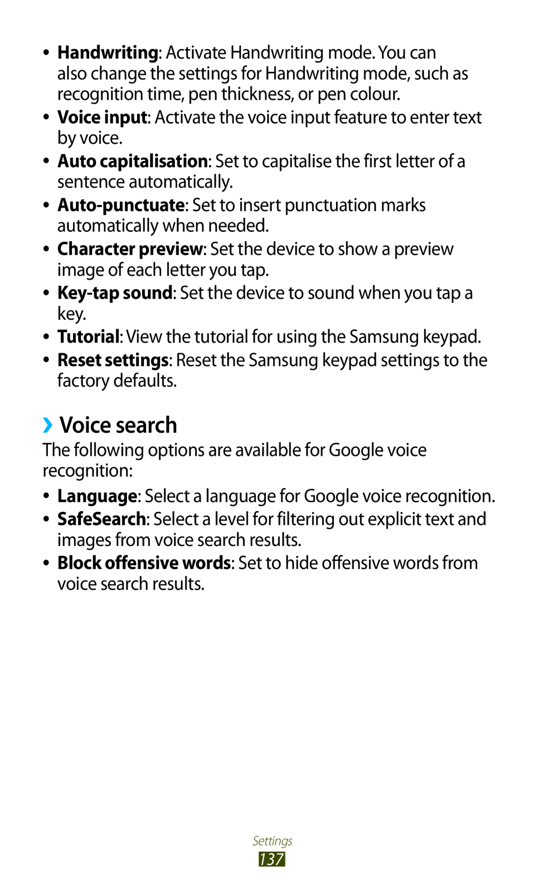 Samsung GT-S7562UWAPAK, GT-S7562ZKAJED manual ››Voice search, Following options are available for Google voice recognition 