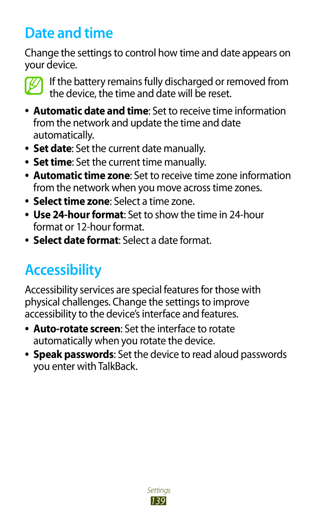 Samsung GT-S7562UWAXSG, GT-S7562ZKAJED, GT-S7562ZKAXSG, GT-S7562UWAAFR, GT-S7562UWAJED manual Date and time, Accessibility 