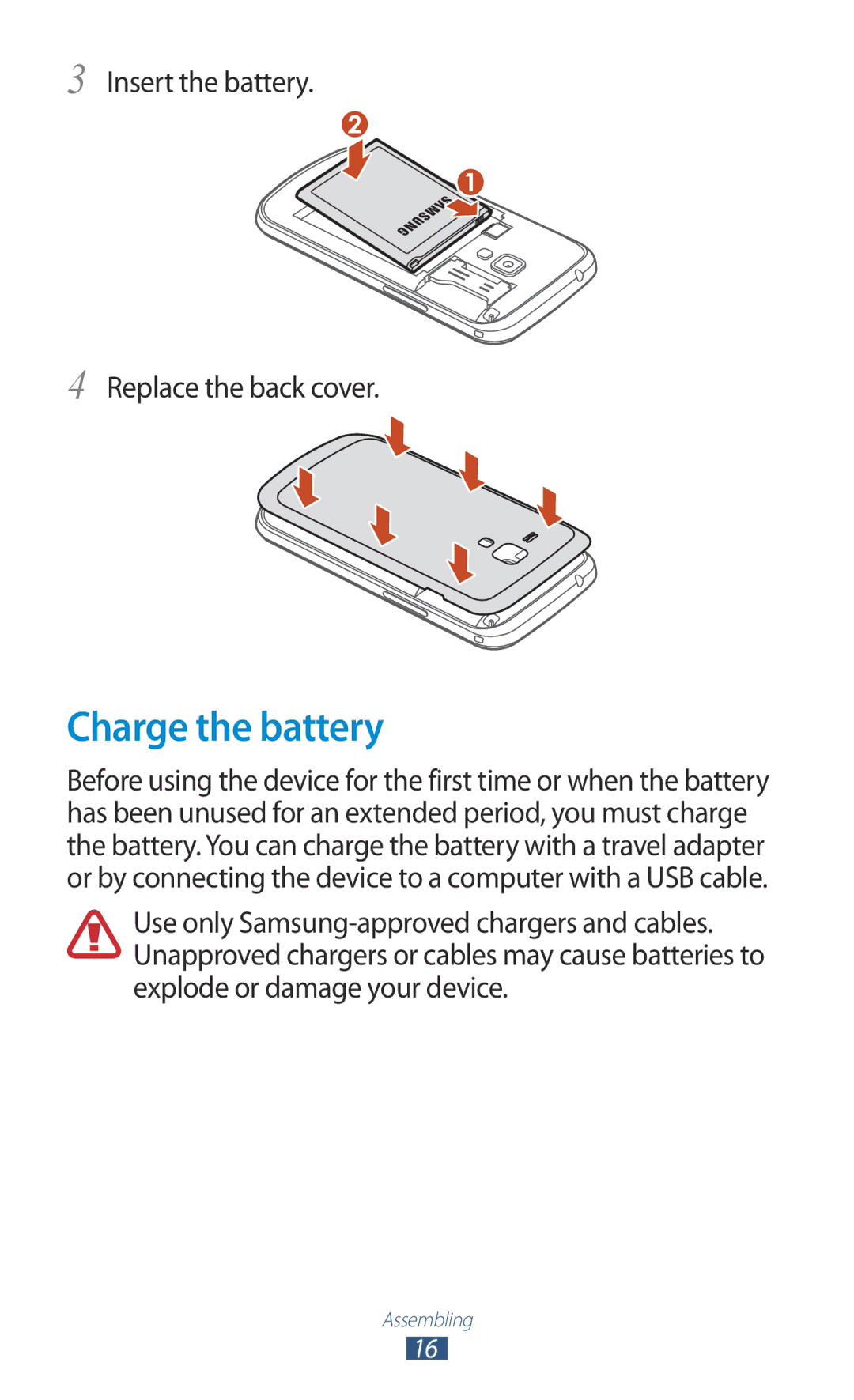 Samsung GT-S7562ZKAAFR, GT-S7562ZKAJED, GT-S7562ZKAXSG manual Charge the battery, Insert the battery Replace the back cover 