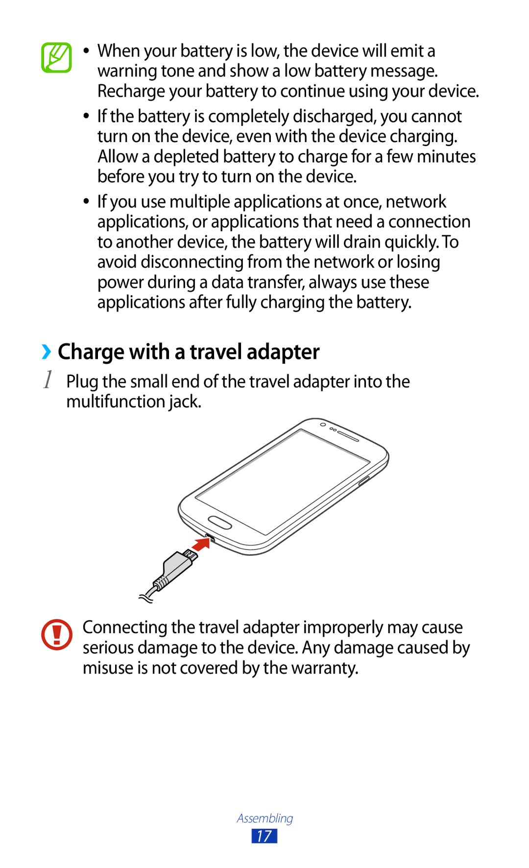 Samsung GT-S7562UWAPAK, GT-S7562ZKAJED, GT-S7562ZKAXSG, GT-S7562UWAAFR, GT-S7562UWAJED manual ››Charge with a travel adapter 