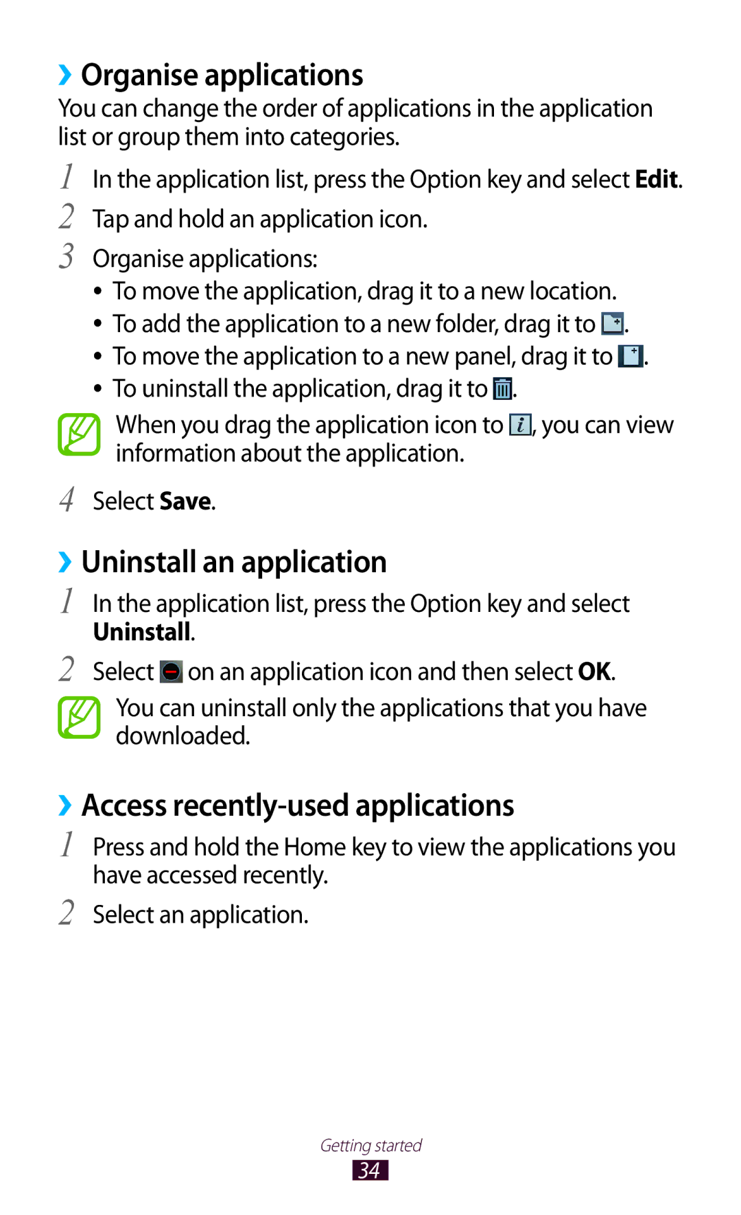 Samsung GT-S7562UWAKSA manual ››Organise applications, ››Uninstall an application, ››Access recently-used applications 