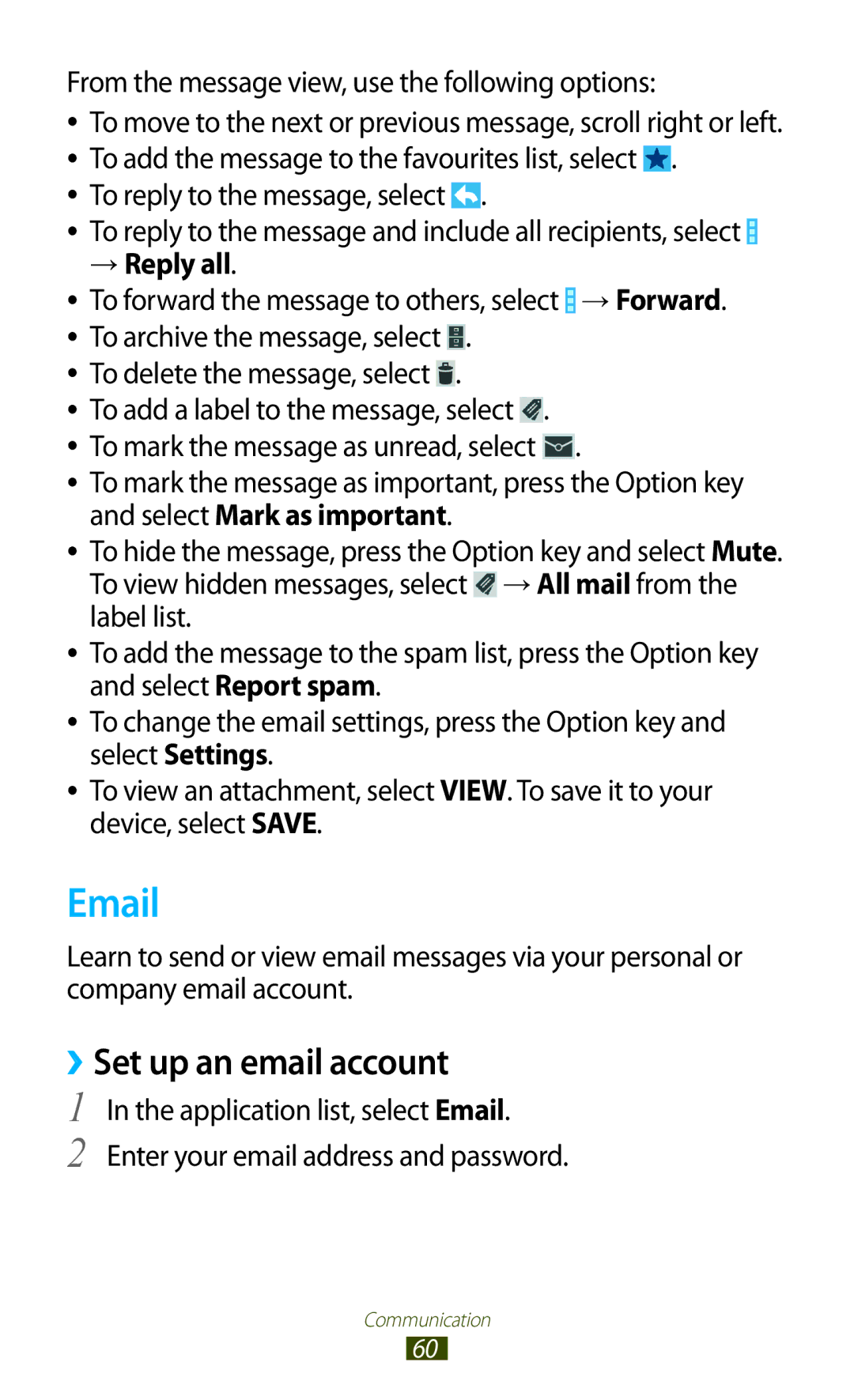 Samsung GT-S7562ZKAJED manual ››Set up an email account, From the message view, use the following options, → Reply all 