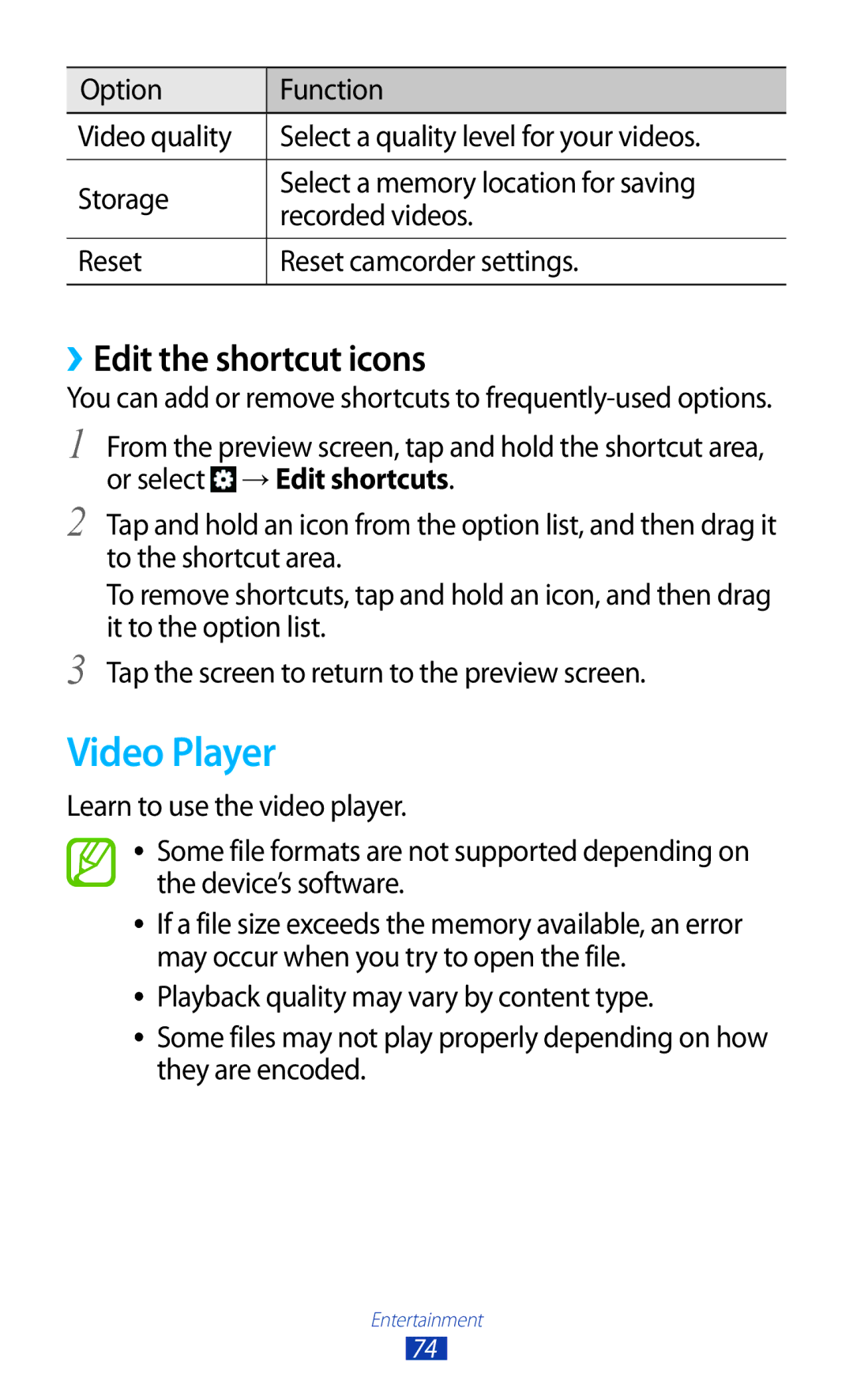 Samsung GT-S7562UWAKSA, GT-S7562ZKAJED, GT-S7562ZKAXSG, GT-S7562UWAAFR manual Video Player, ››Edit the shortcut icons 