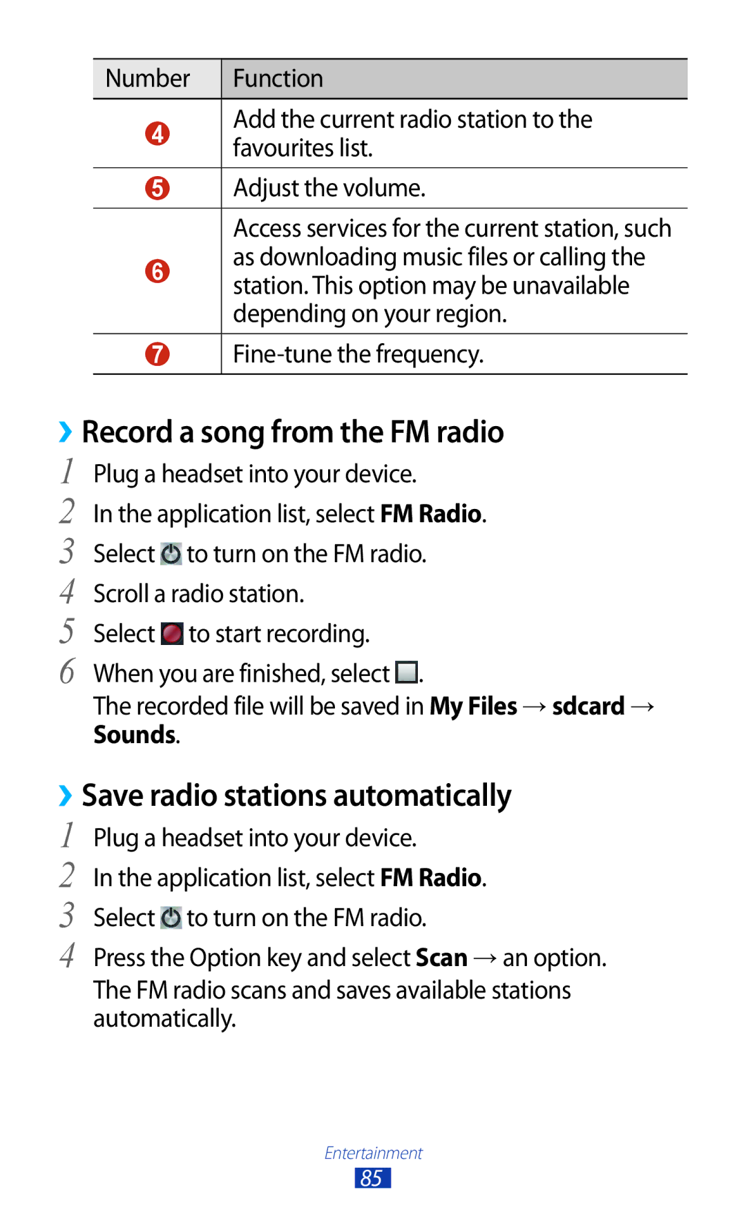 Samsung GT-S7562UWATHR ››Record a song from the FM radio, ››Save radio stations automatically, Fine-tune the frequency 