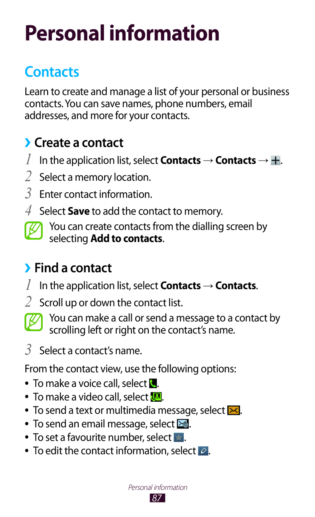 Samsung GT-S7562UWAPAK, GT-S7562ZKAJED, GT-S7562ZKAXSG, GT-S7562UWAAFR manual Contacts, ››Create a contact, ››Find a contact 
