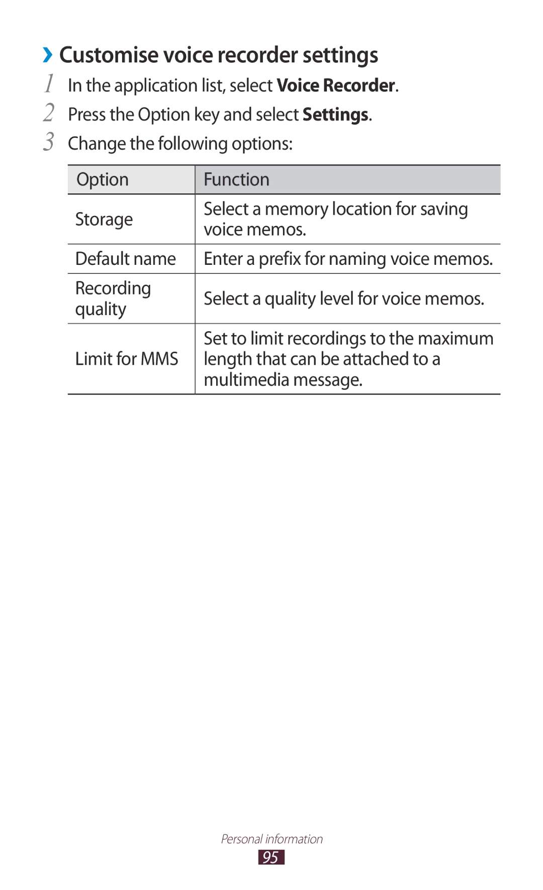 Samsung GT-S7562UWATHR, GT-S7562ZKAJED, GT-S7562ZKAXSG, GT-S7562UWAAFR manual ››Customise voice recorder settings, Quality 